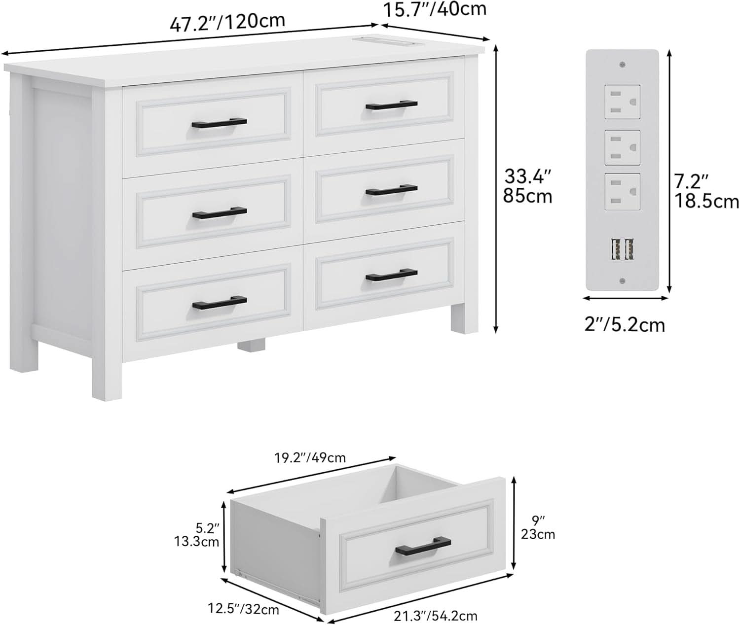 White 6 Drawer Dresser With Built In Power Outlet Chest