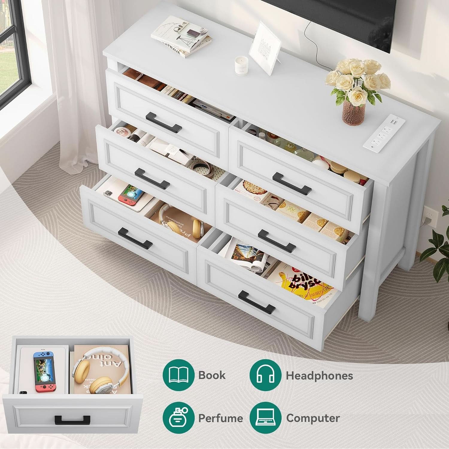 White 6 Drawer Dresser With Built In Power Outlet Chest