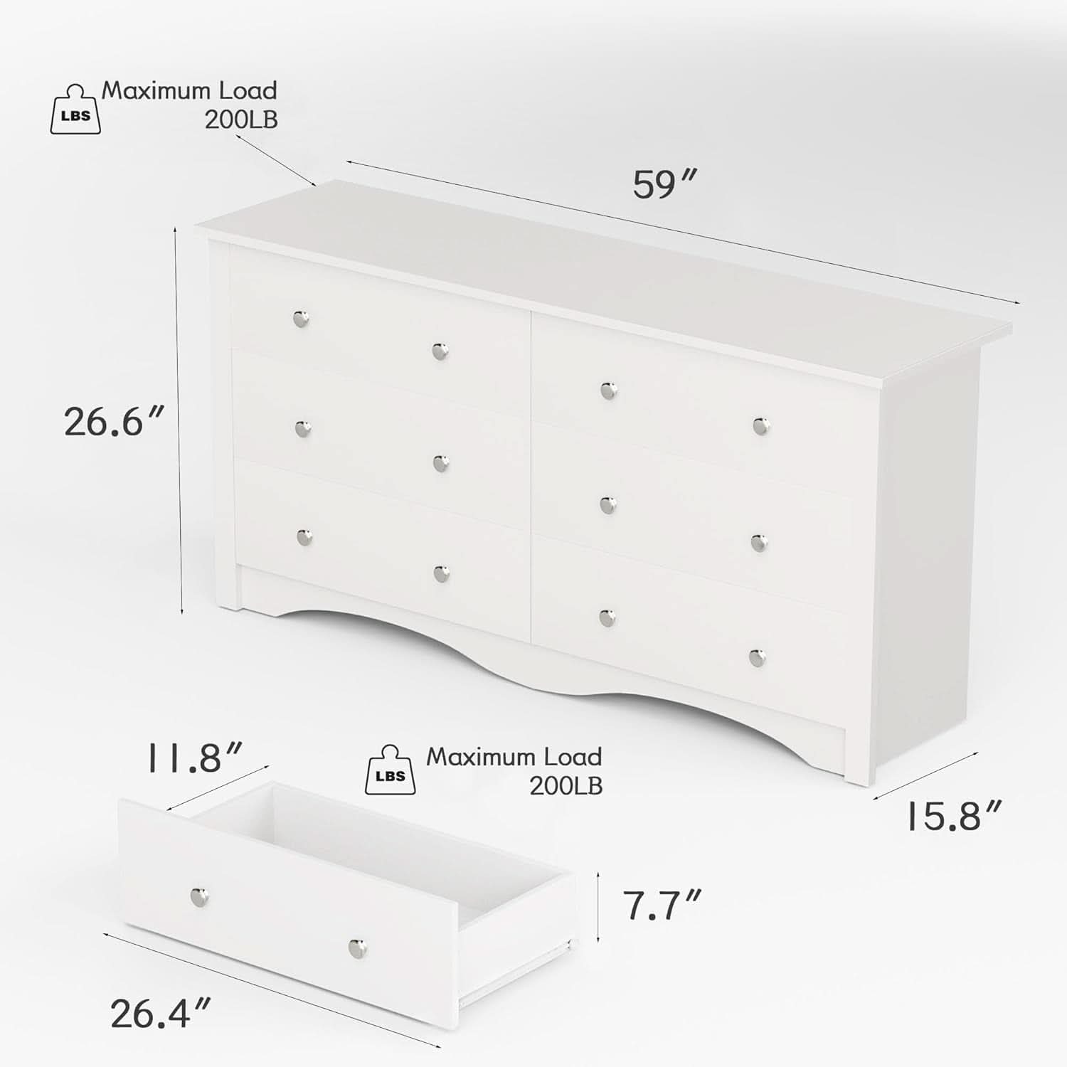 White 6 Drawer Dresser With Smooth Metal Slides Storage