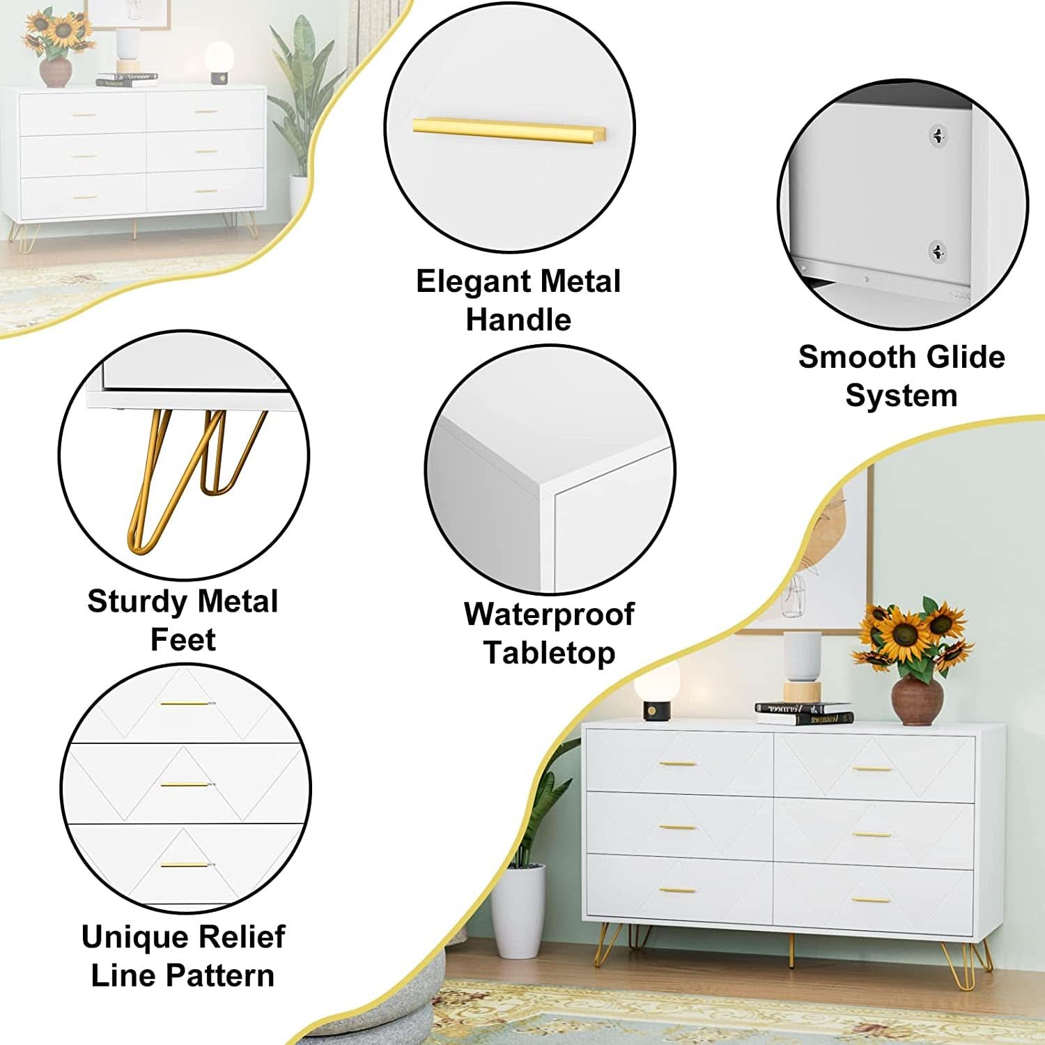 White 6 Drawer Dresser With Wide Drawers For Bedroom