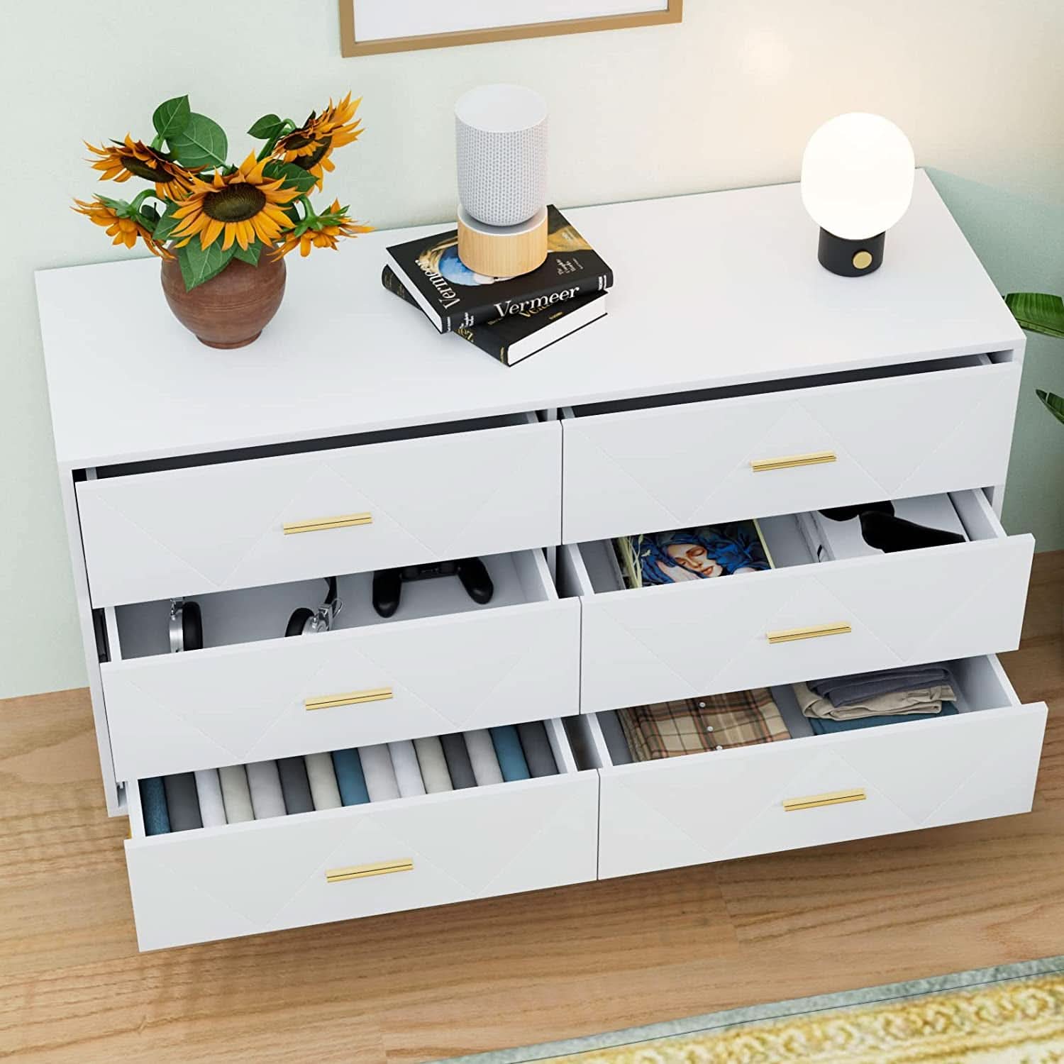 White 6 Drawer Dresser With Wide Drawers For Bedroom