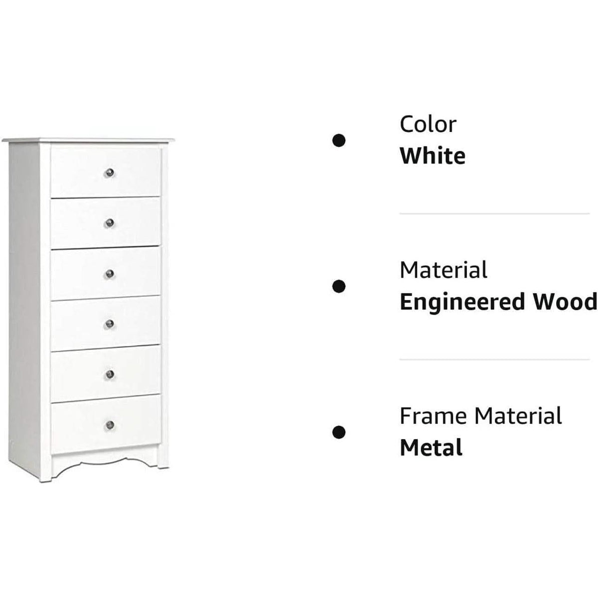 White 6 Drawer Tall Chest for Bedroom Modern Storage