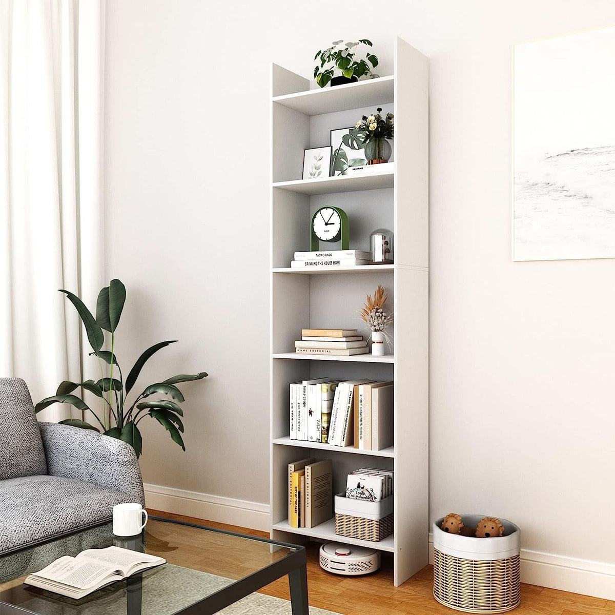 White 6-Tier Bookshelf Anti Tip Design For Home Office