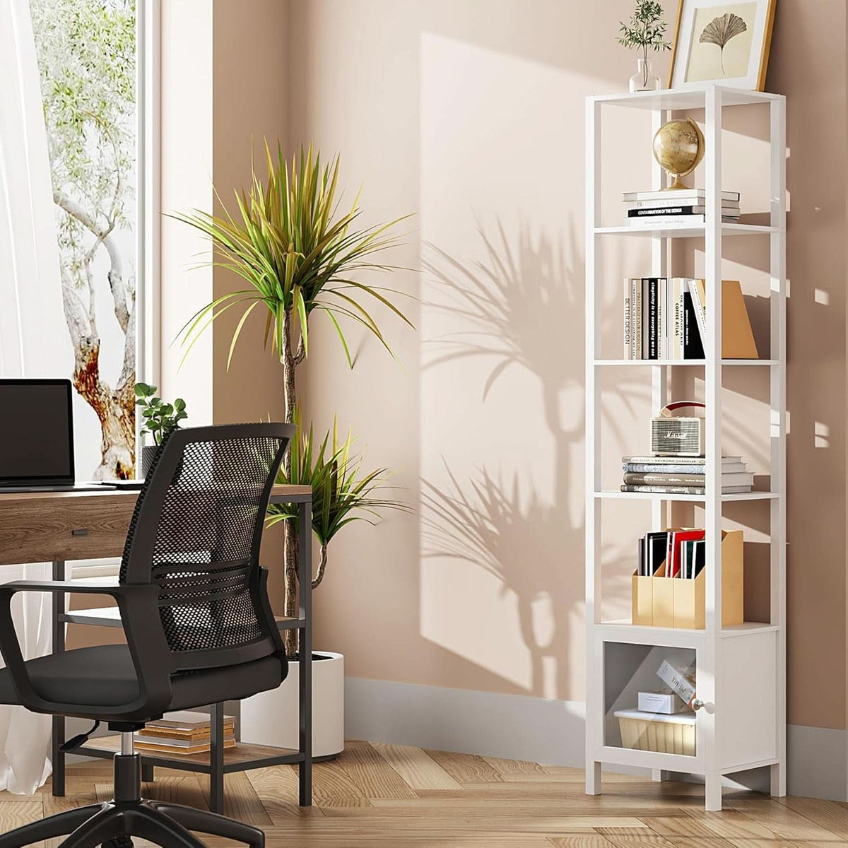 White 6-Tier Narrow Bookshelf With Door For Small Space