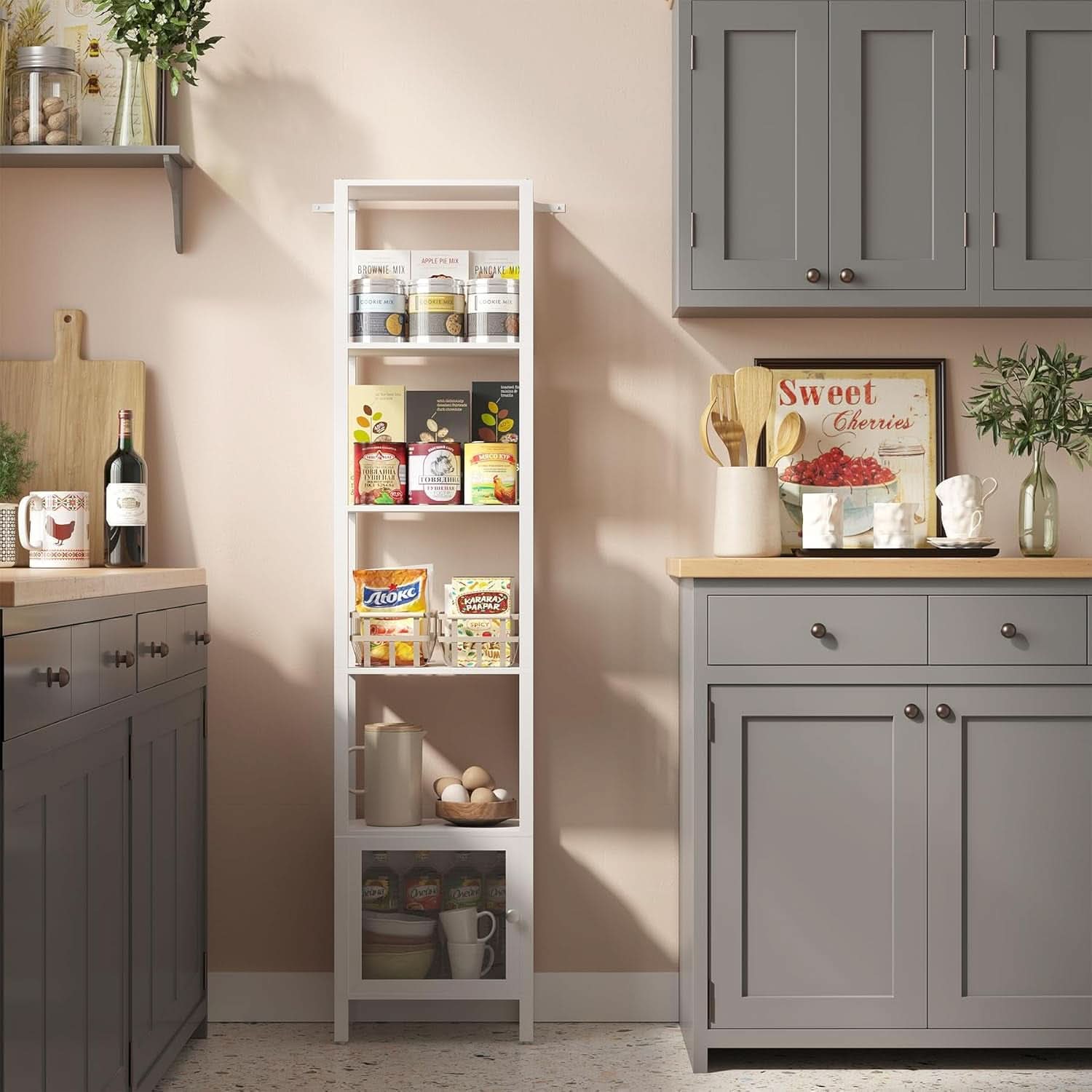 White 6-Tier Narrow Bookshelf With Door For Small Space