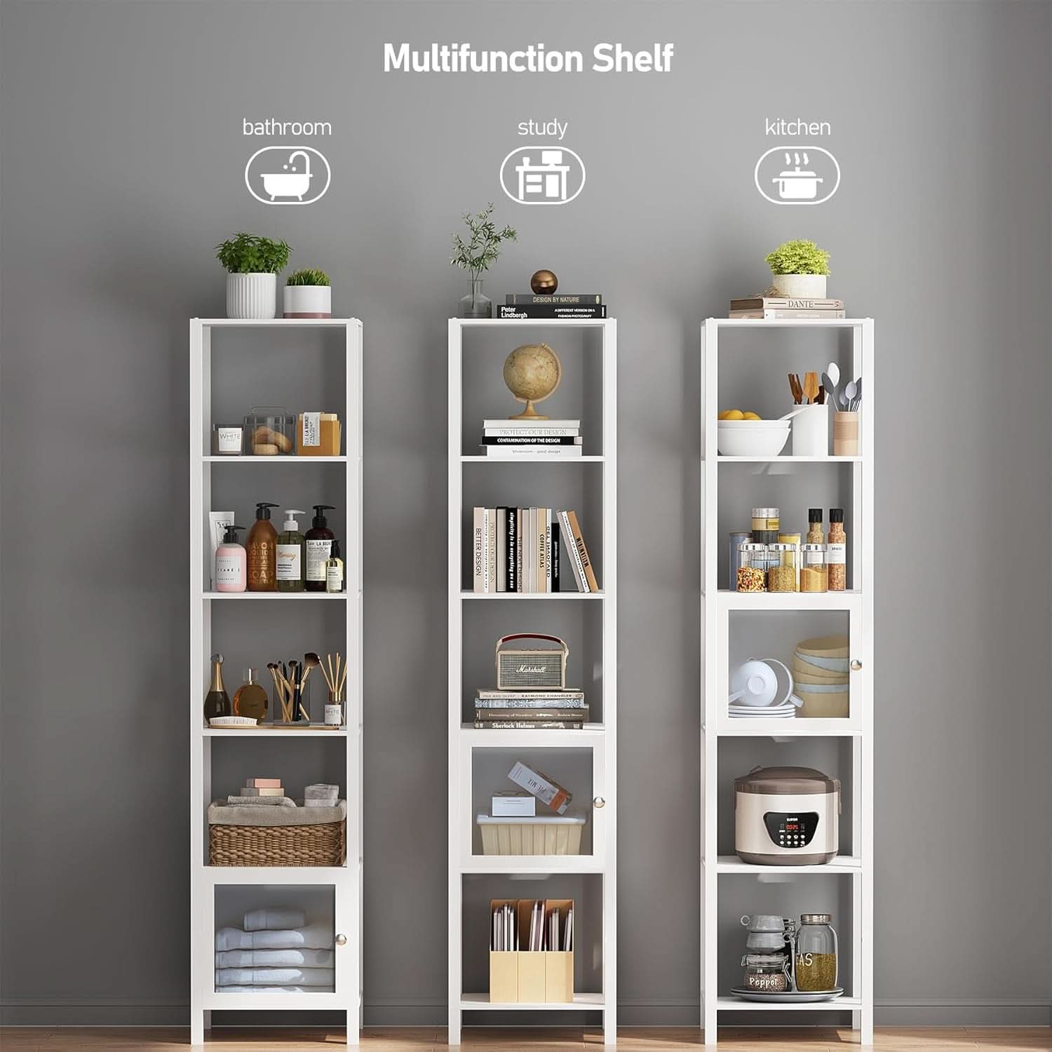 White 6-Tier Narrow Bookshelf With Door For Small Space