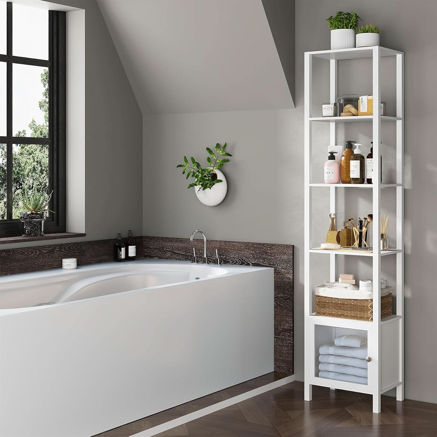 White 6-Tier Narrow Bookshelf With Door For Small Space