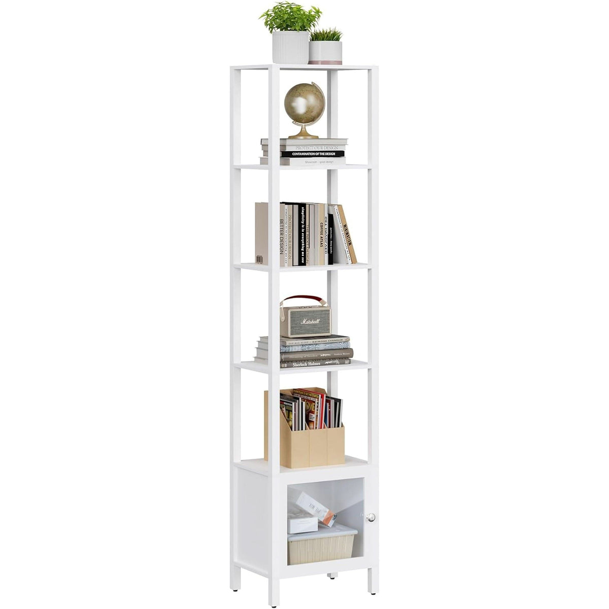 White 6-Tier Narrow Bookshelf With Door For Small Space