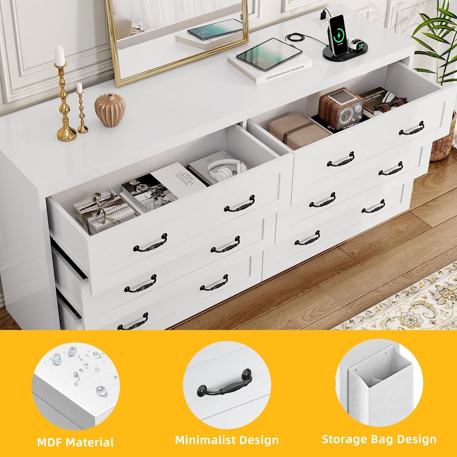 White 65 Inch TV Stand With Built In Outlets And 6 Drawers