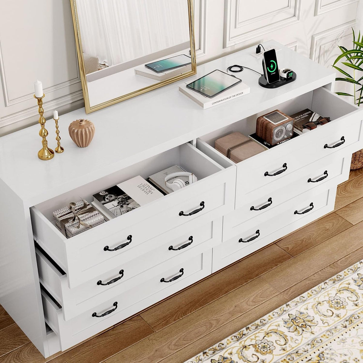 White 65 Inch TV Stand With Built In Outlets And 6 Drawers
