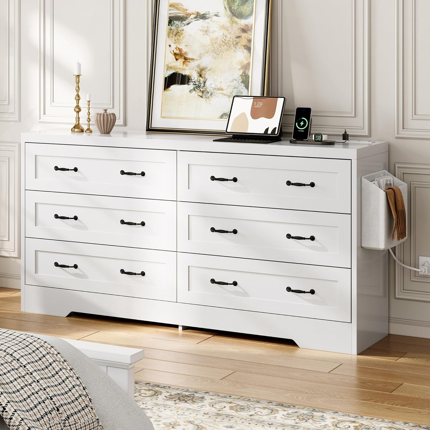 White 65 Inch TV Stand With Built In Outlets And 6 Drawers