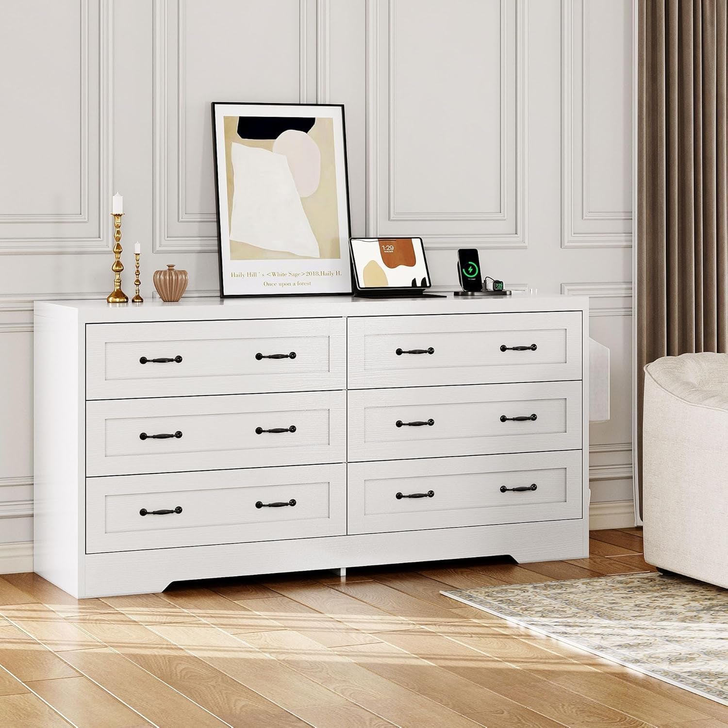 White 65 Inch TV Stand With Built In Outlets And 6 Drawers