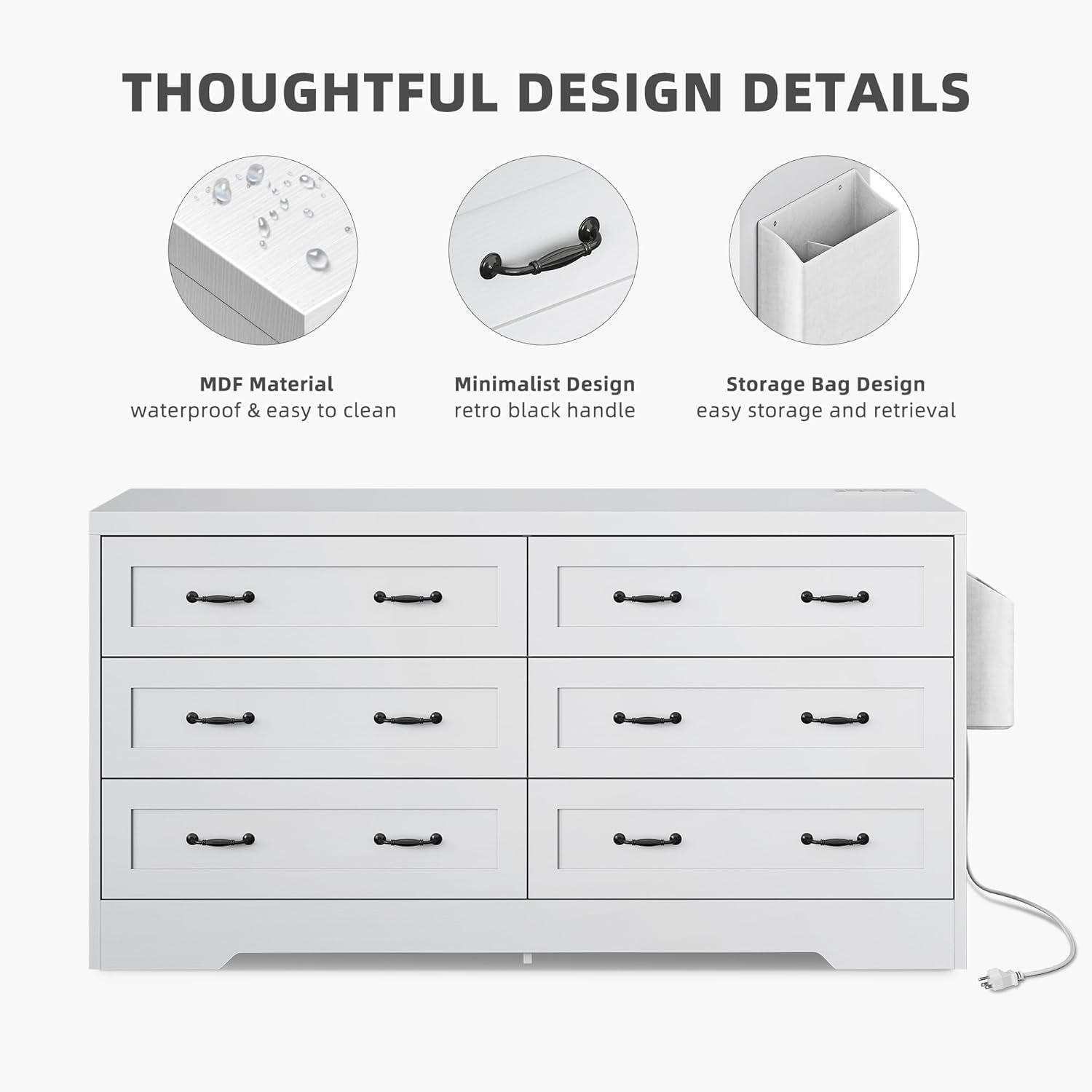 White 65 Inch TV Stand With Built In Outlets And 6 Drawers