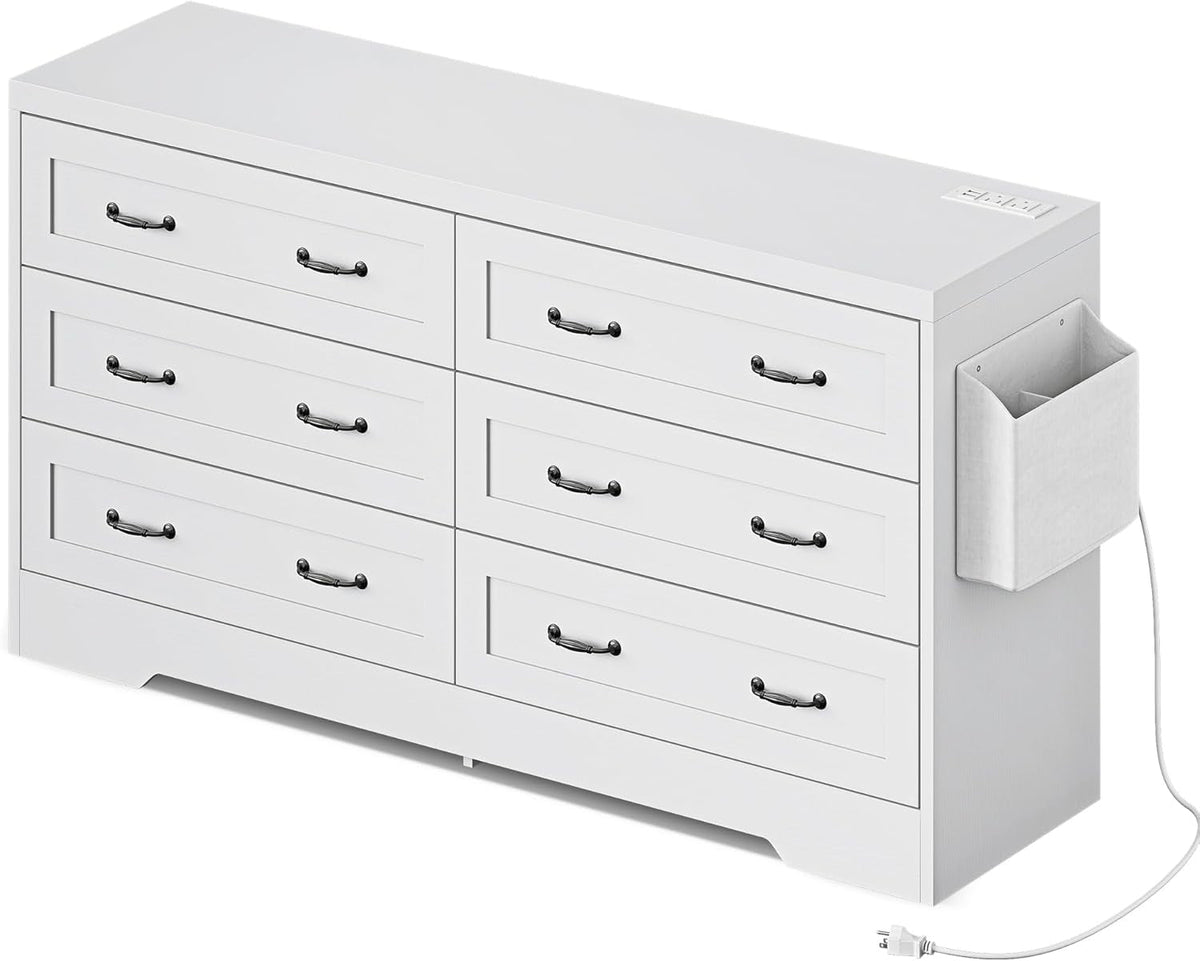 White 65 Inch TV Stand With Built In Outlets And 6 Drawers