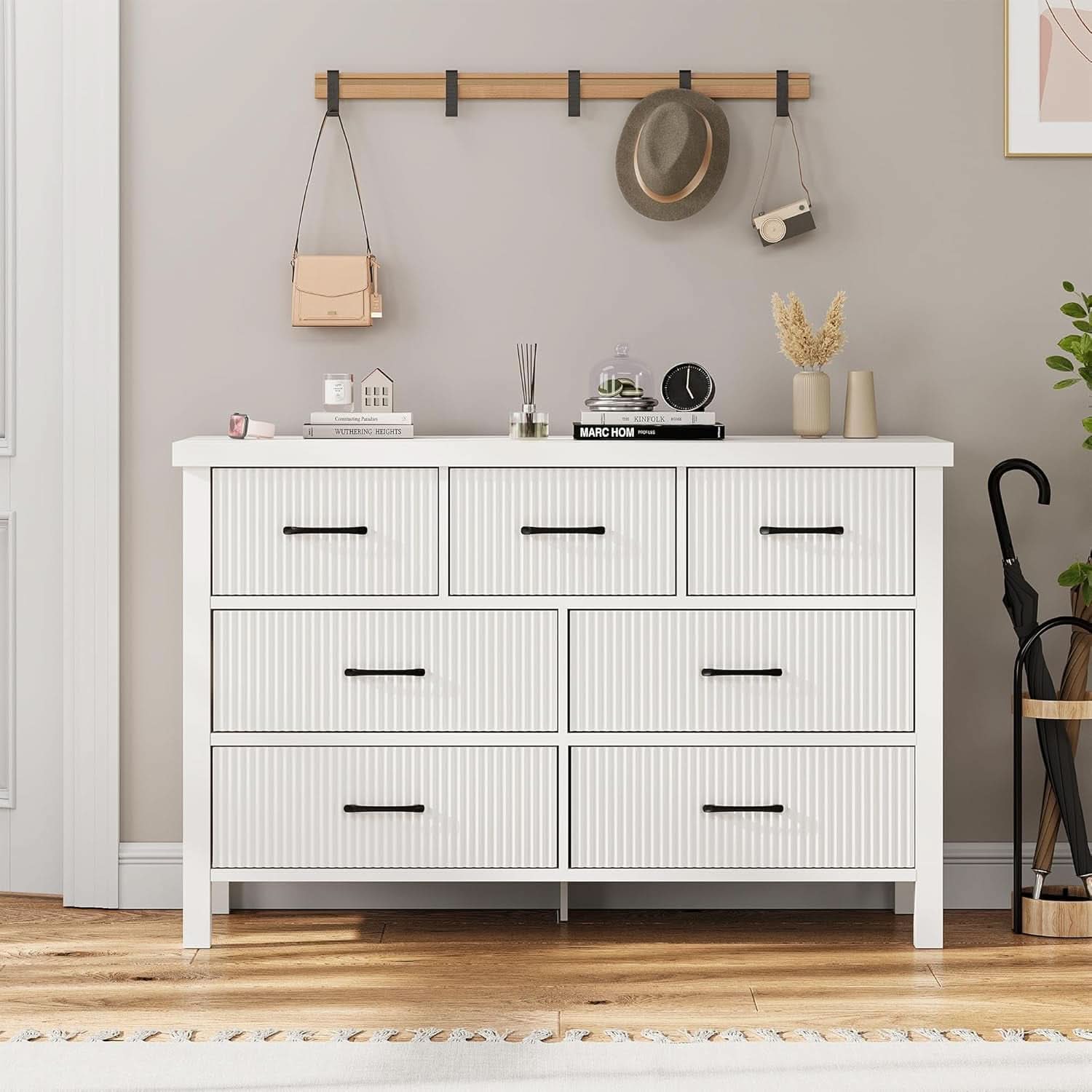 White 7 Drawer Dresser With Modern Fluted Panels And Solid Wood Legs