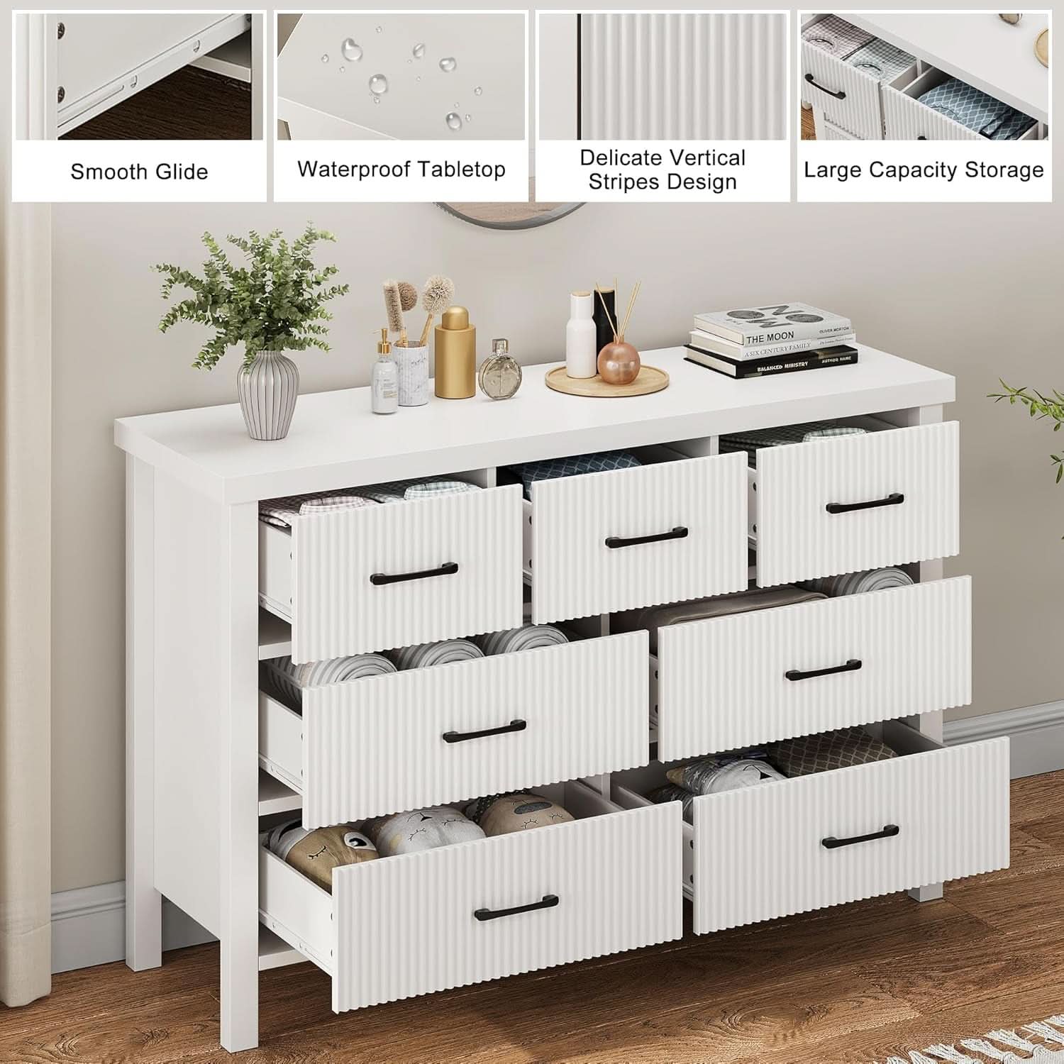White 7 Drawer Dresser With Modern Fluted Panels And Solid Wood Legs