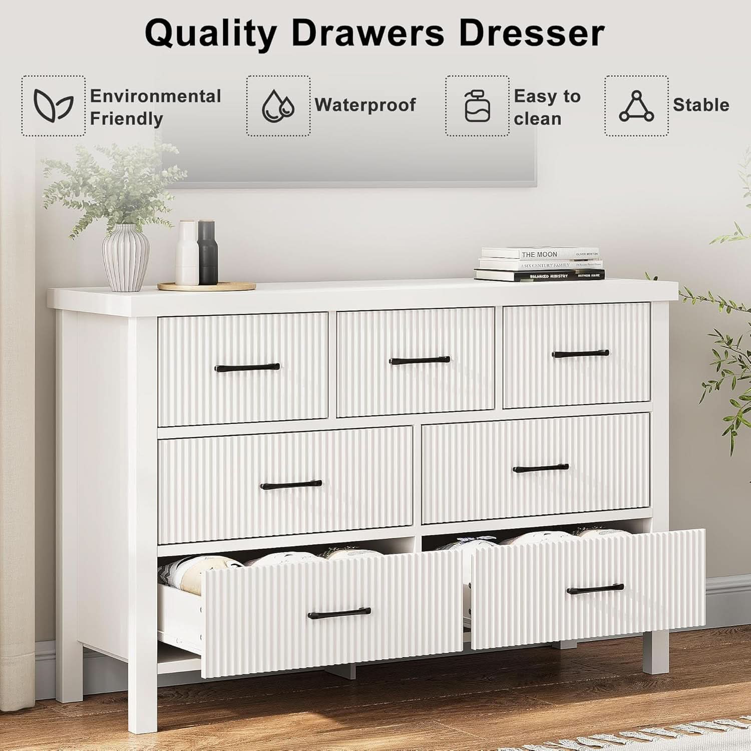 White 7 Drawer Dresser With Modern Fluted Panels And Solid Wood Legs