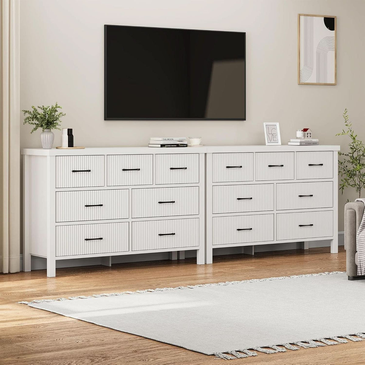 White 7 Drawer Dresser With Modern Fluted Panels And Solid Wood Legs