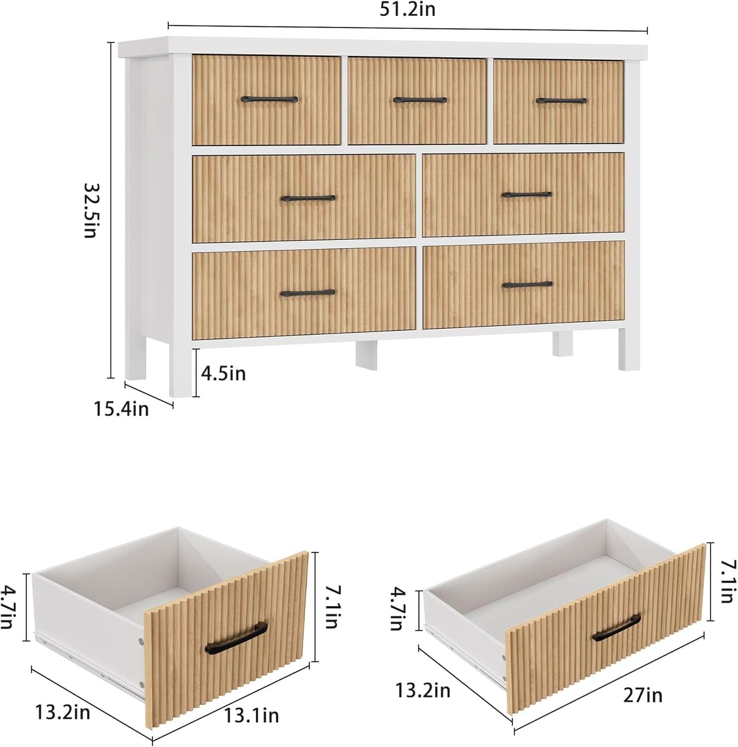 White 7 Drawer Fluted Dresser With Wood Legs For Bedroom