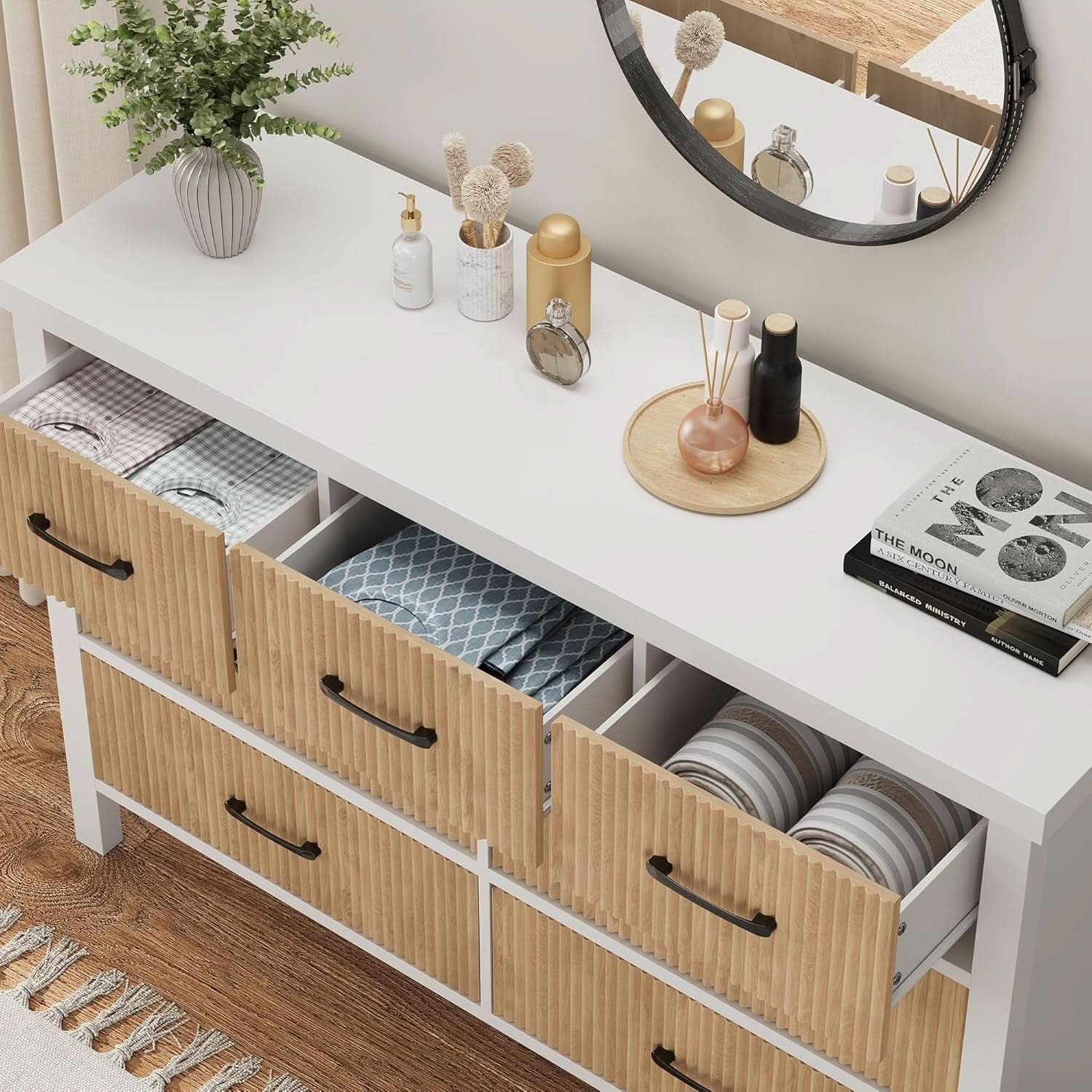 White 7 Drawer Fluted Dresser With Wood Legs For Bedroom