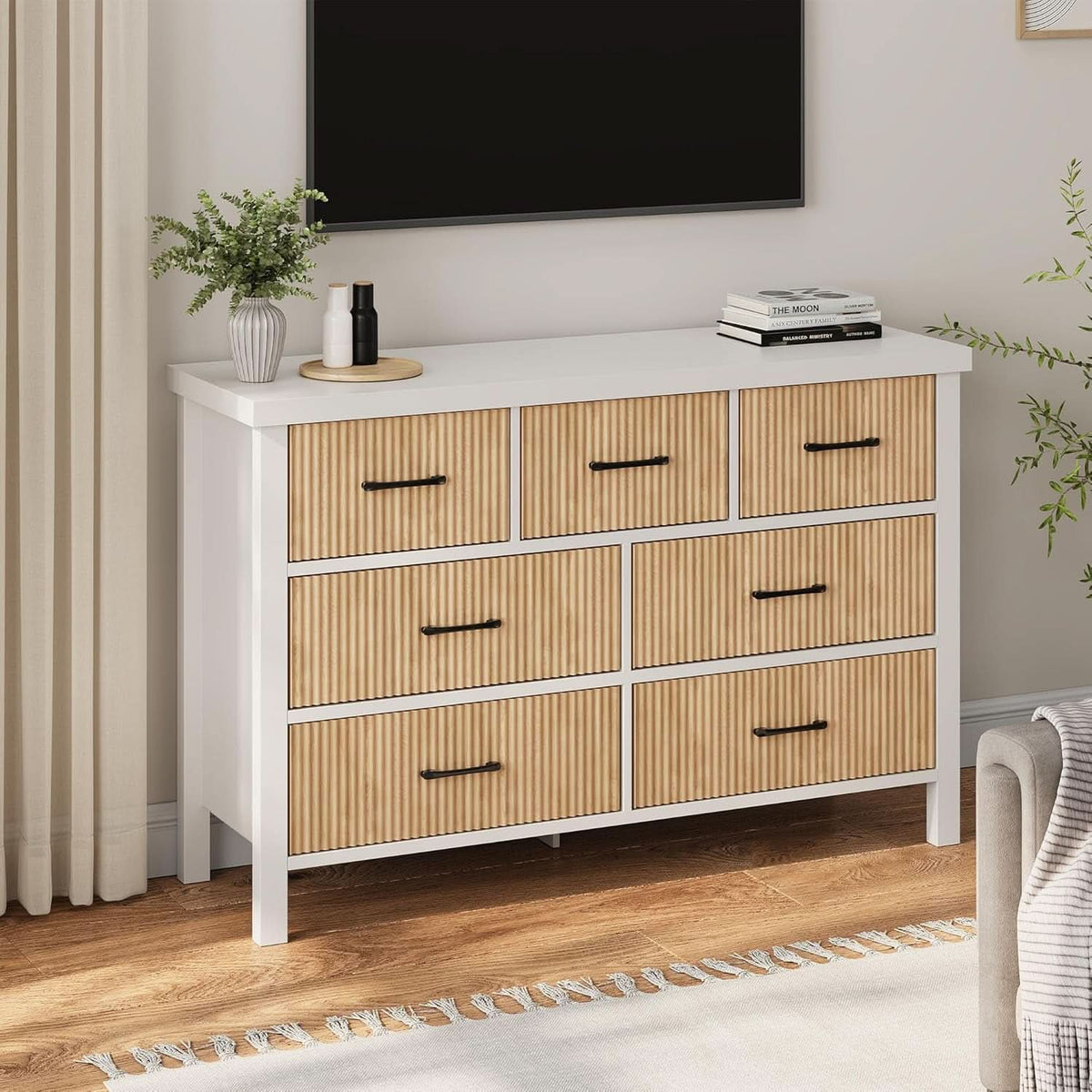 White 7 Drawer Fluted Dresser With Wood Legs For Bedroom
