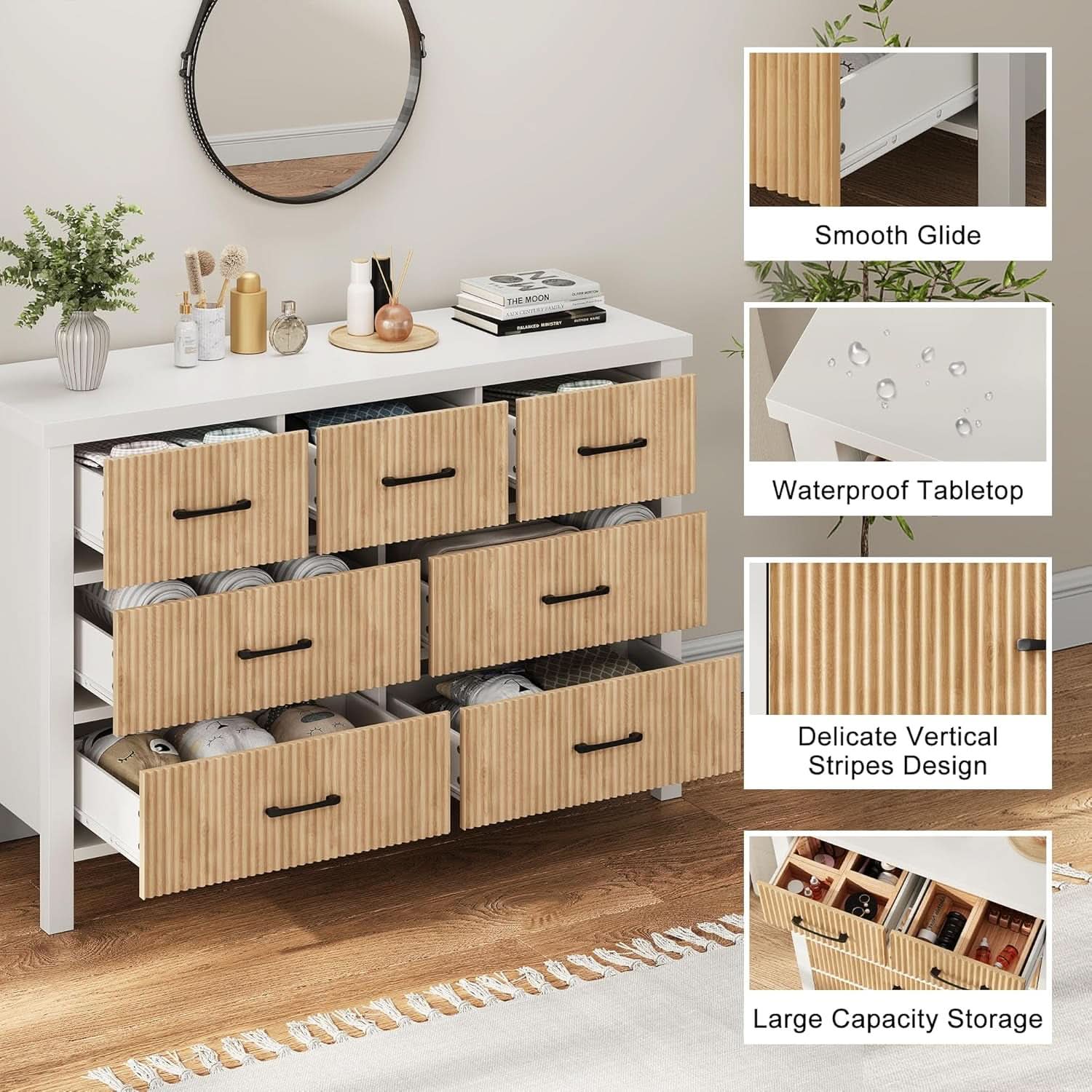 White 7 Drawer Fluted Dresser With Wood Legs For Bedroom