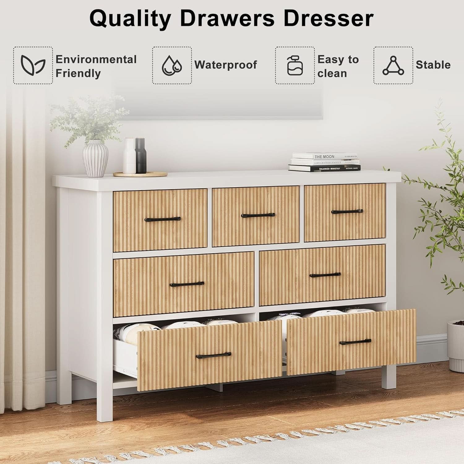 White 7 Drawer Fluted Dresser With Wood Legs For Bedroom