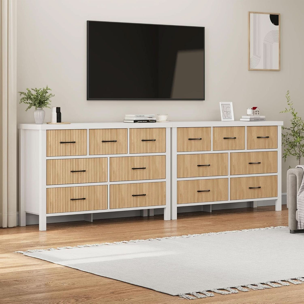 White 7 Drawer Fluted Dresser With Wood Legs For Bedroom