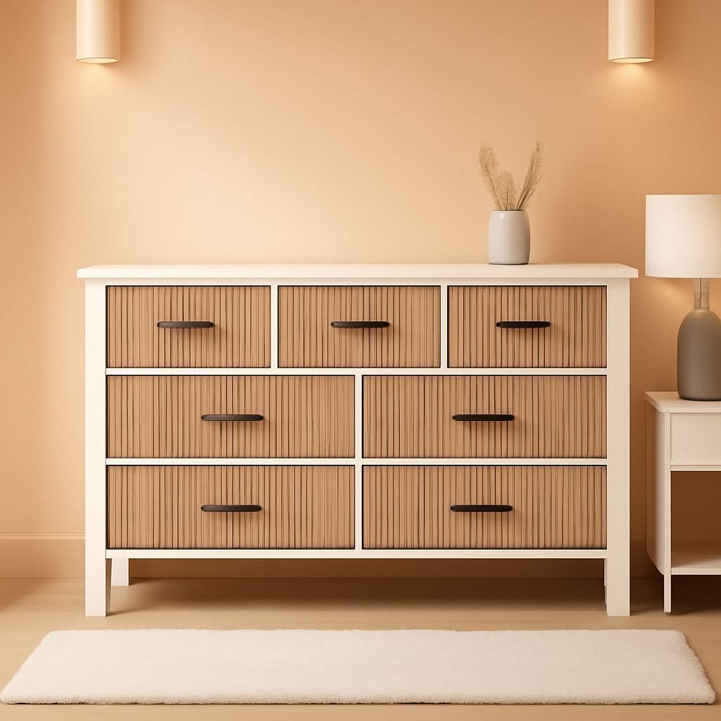 White 7 Drawer Fluted Dresser With Wood Legs For Bedroom