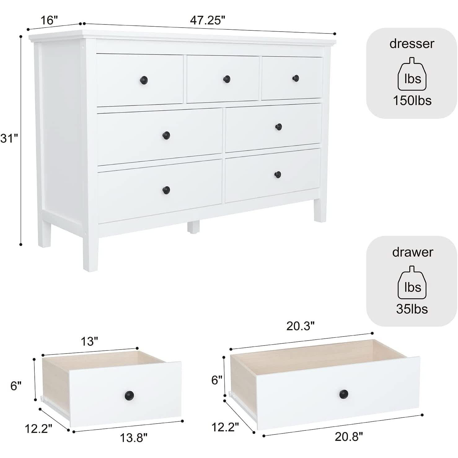 White 7 Drawer Modern Dresser With Solid Wood Legs