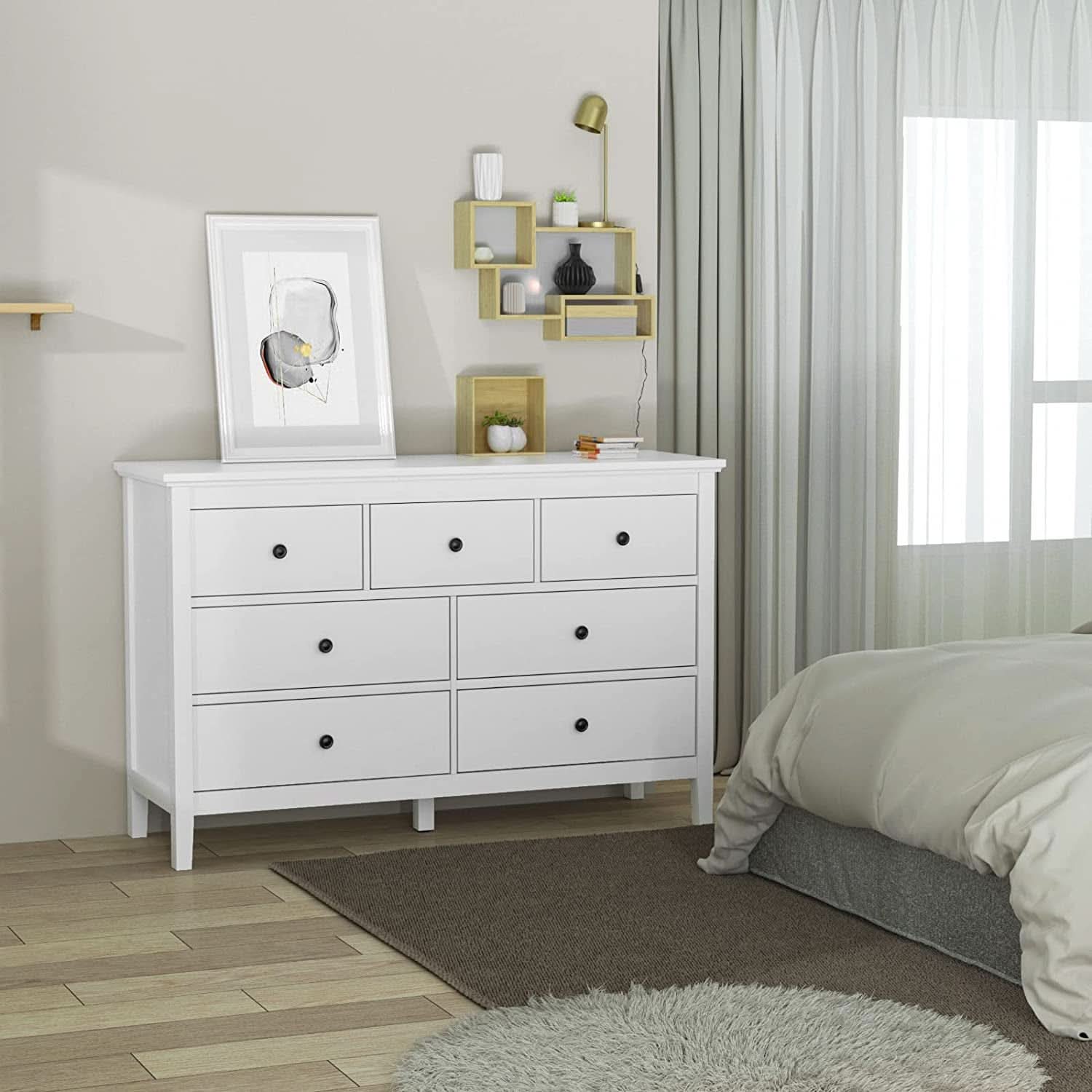 White 7 Drawer Modern Dresser With Solid Wood Legs