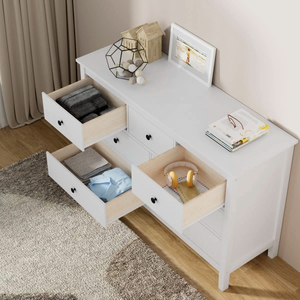 White 7 Drawer Modern Dresser With Solid Wood Legs
