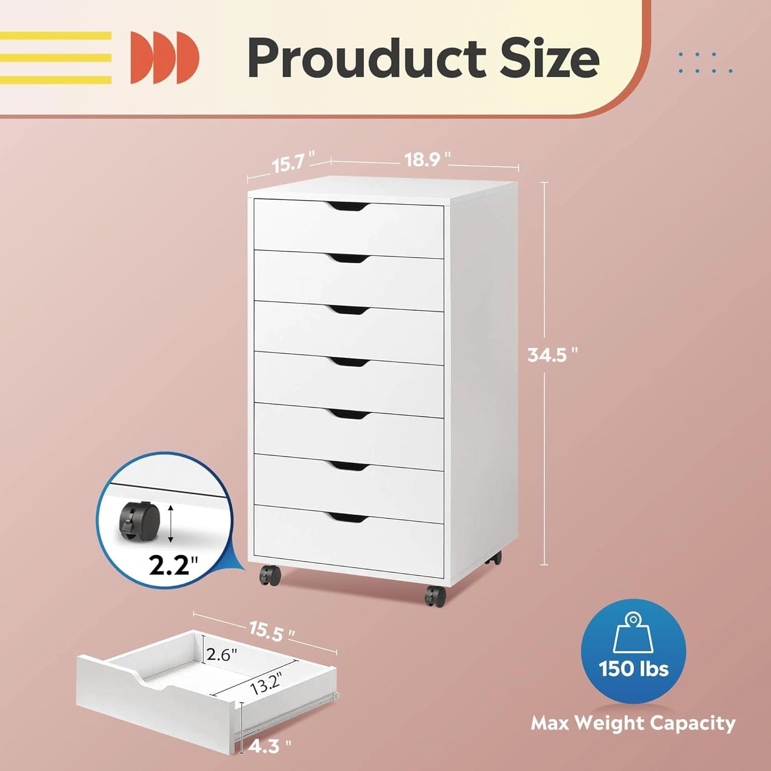 White 7 Drawer Storage Chest With Wheels For Home Office