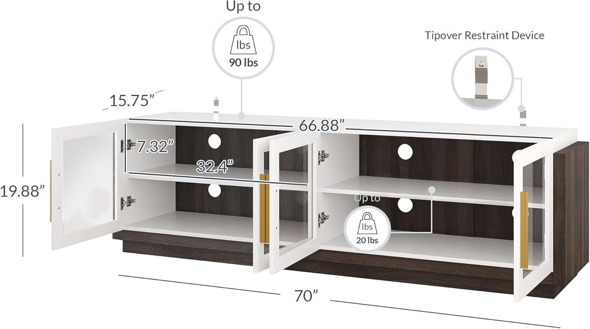 White 70 Inch TV Entertainment Center With Glass Cabinets