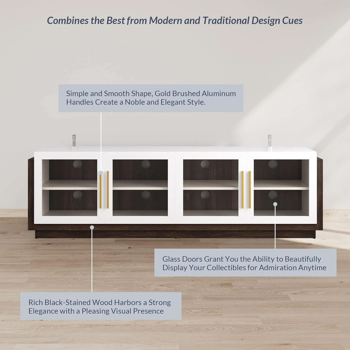 White 70 Inch TV Entertainment Center With Glass Cabinets