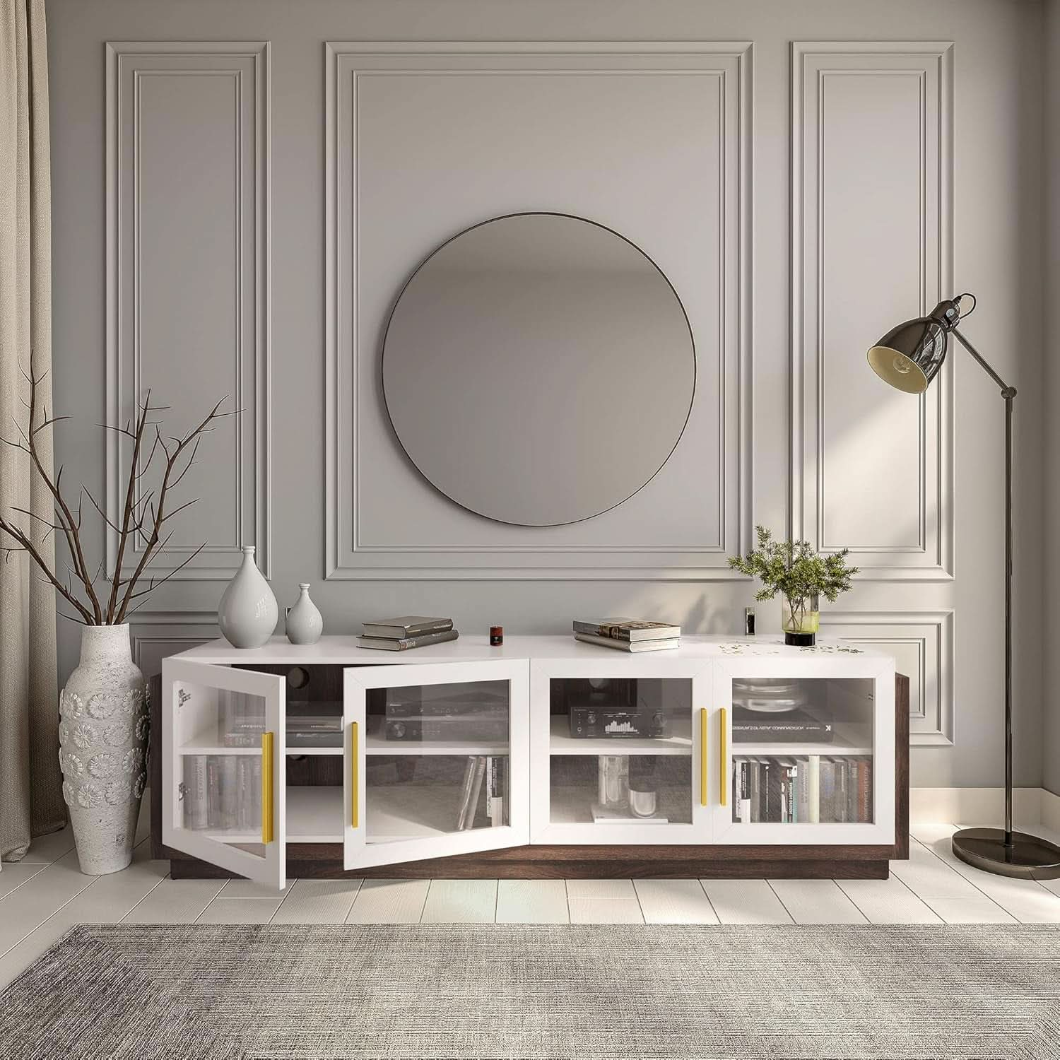 White 70 Inch TV Entertainment Center With Glass Cabinets