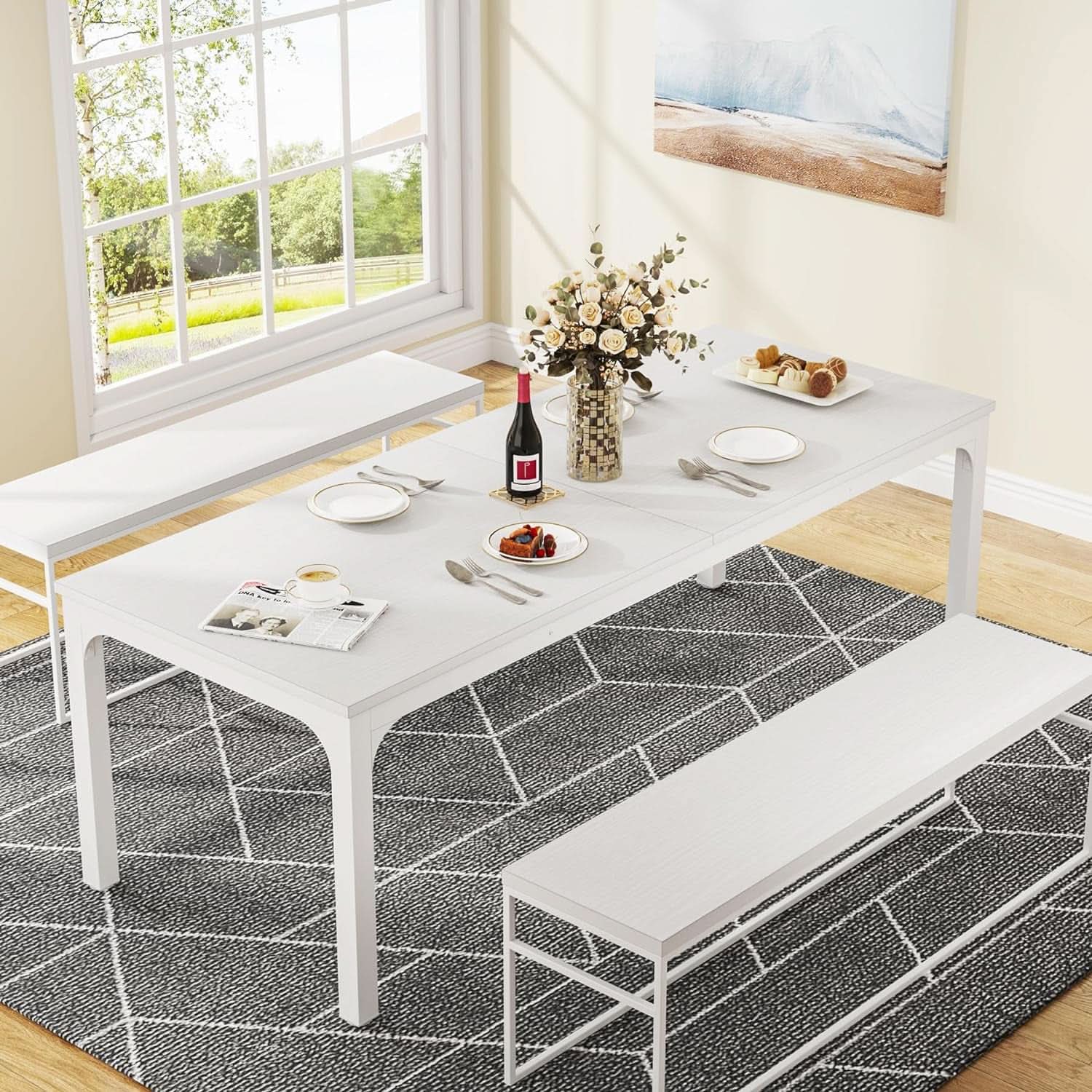 White 78-Inch Dining Table For 6-8, Rectangular Dining Room