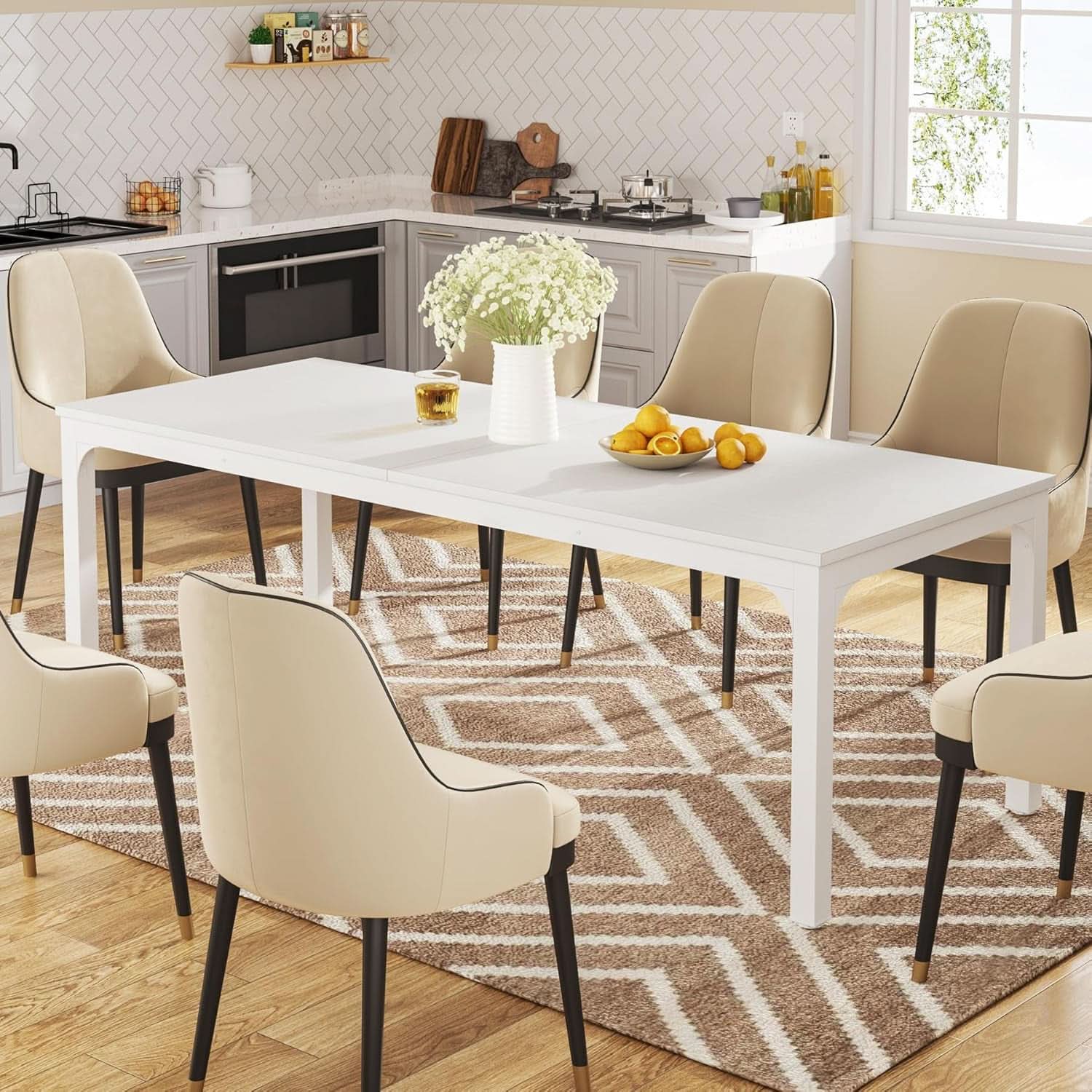 White 78-Inch Dining Table For 6-8, Rectangular Dining Room