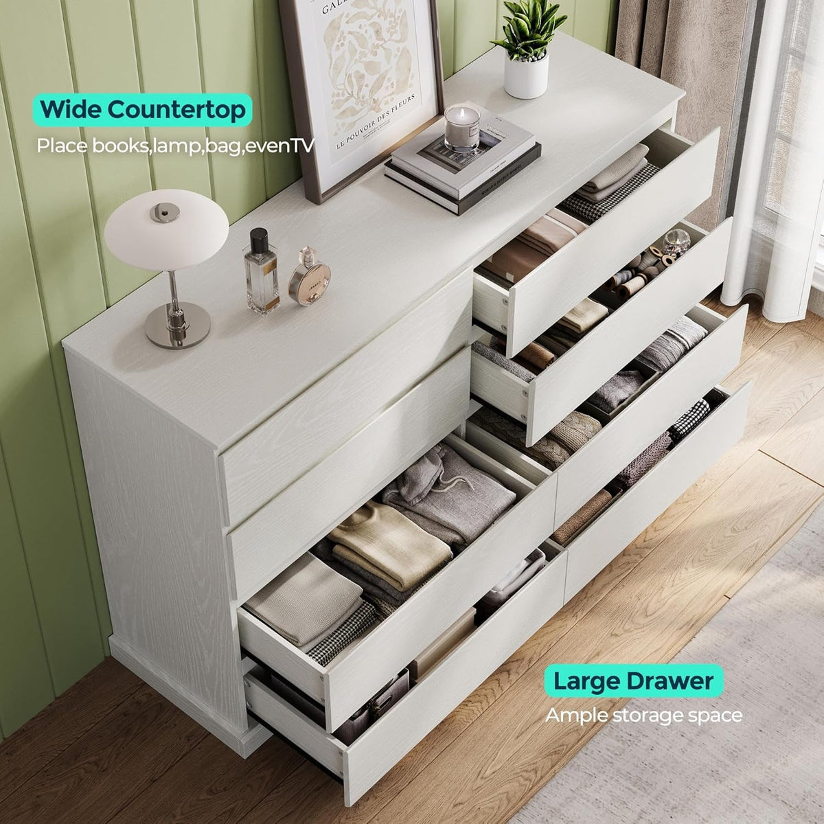 White 8 Drawer Dresser 54 Inch Modern Farmhouse Storage