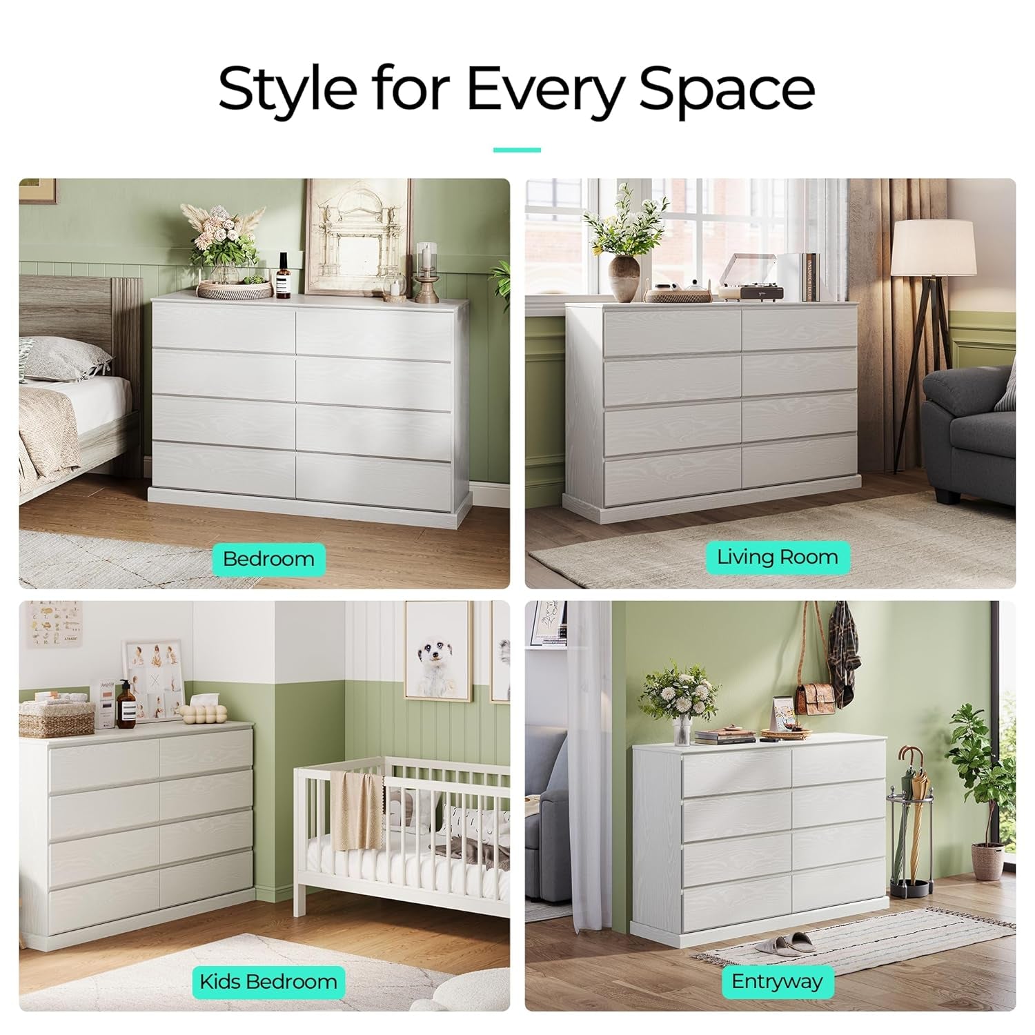White 8 Drawer Dresser 54 Inch Modern Farmhouse Storage
