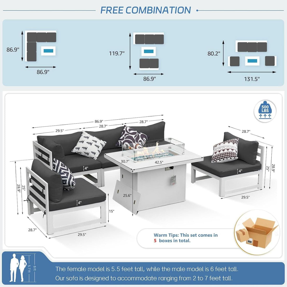White Aluminum Outdoor Patio Furniture Set With Fire Pit