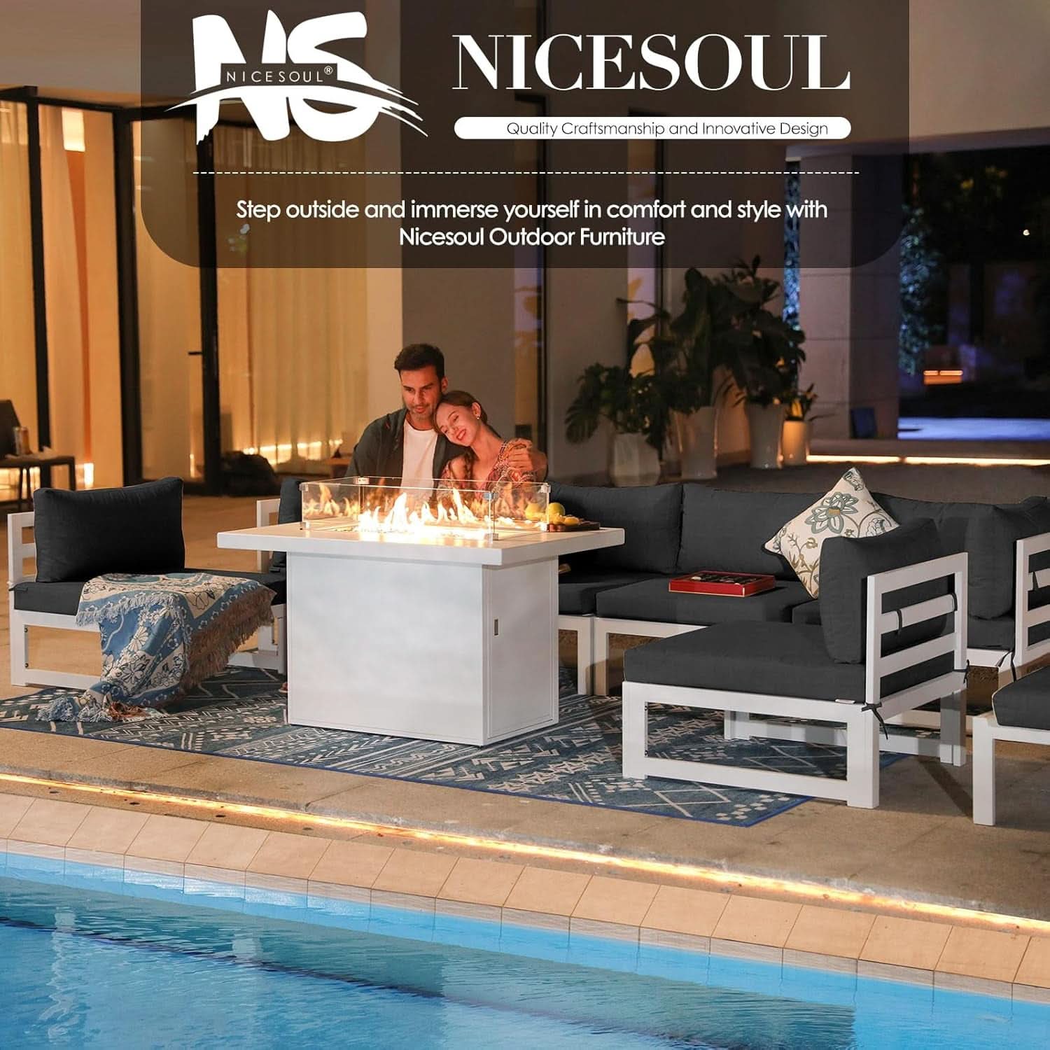 White Aluminum Outdoor Patio Furniture Set With Fire Pit