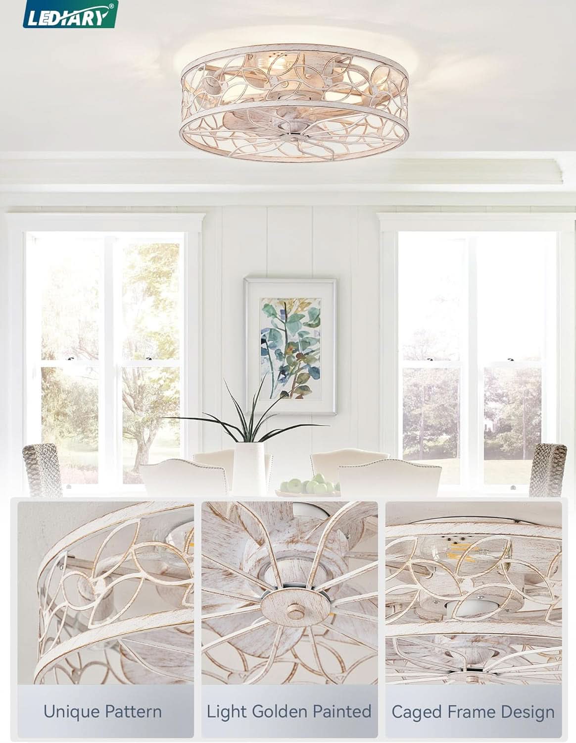 White And Gold Caged Ceiling Fan With Remote Light Fixture