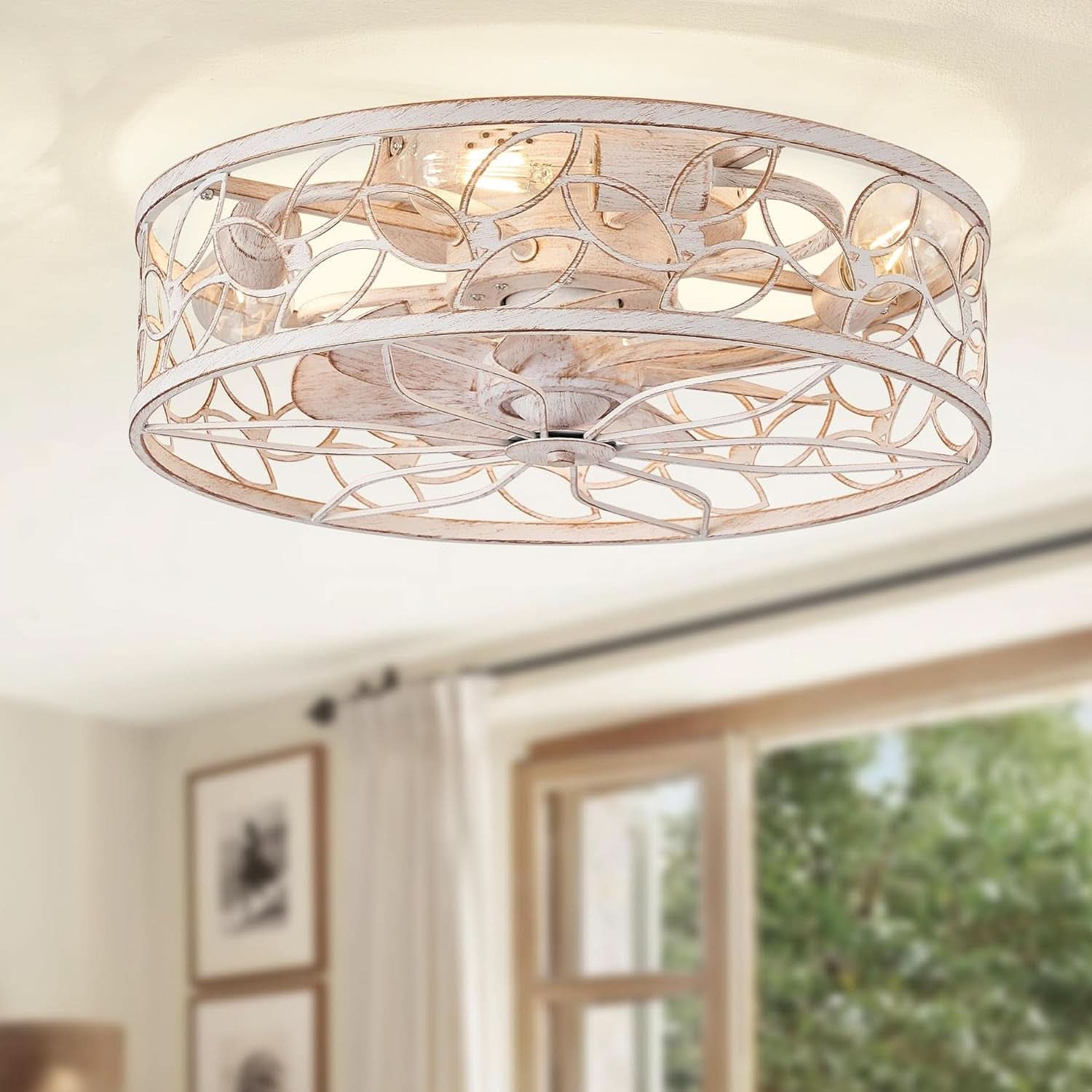 White And Gold Caged Ceiling Fan With Remote Light Fixture