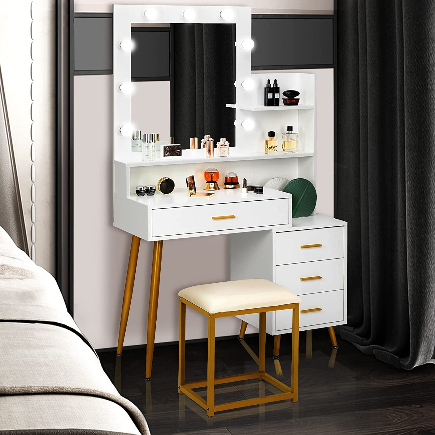 White And Gold Vanity Table Set With Lighted Mirror