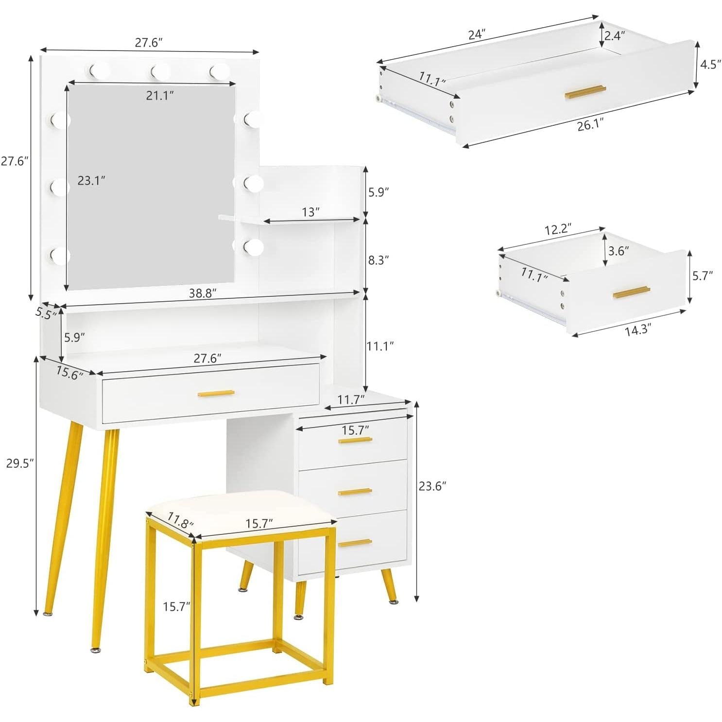 White And Gold Vanity Table Set With Lighted Mirror