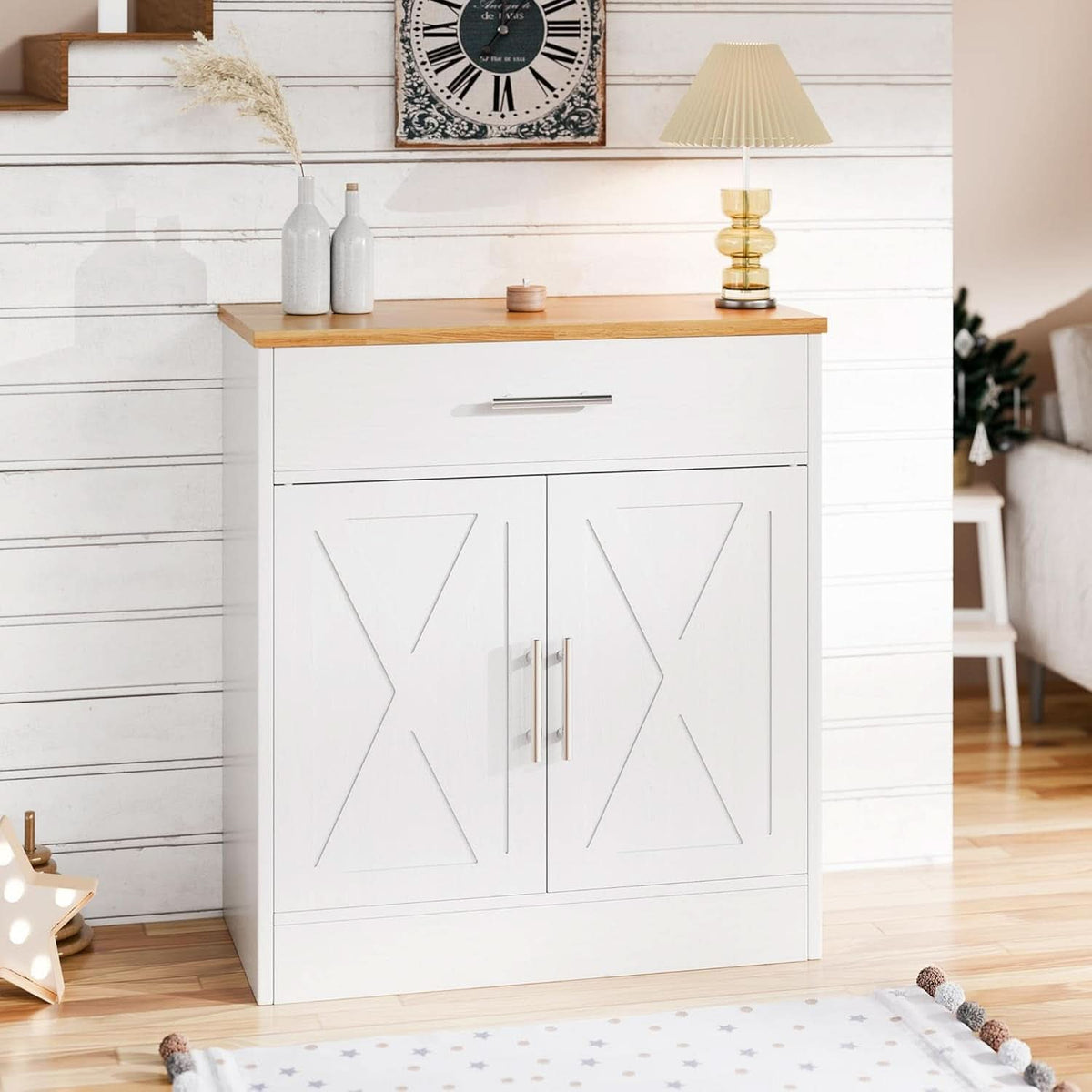 White And Yellow Kitchen Buffet Sideboard Cabinet With Large Drawer