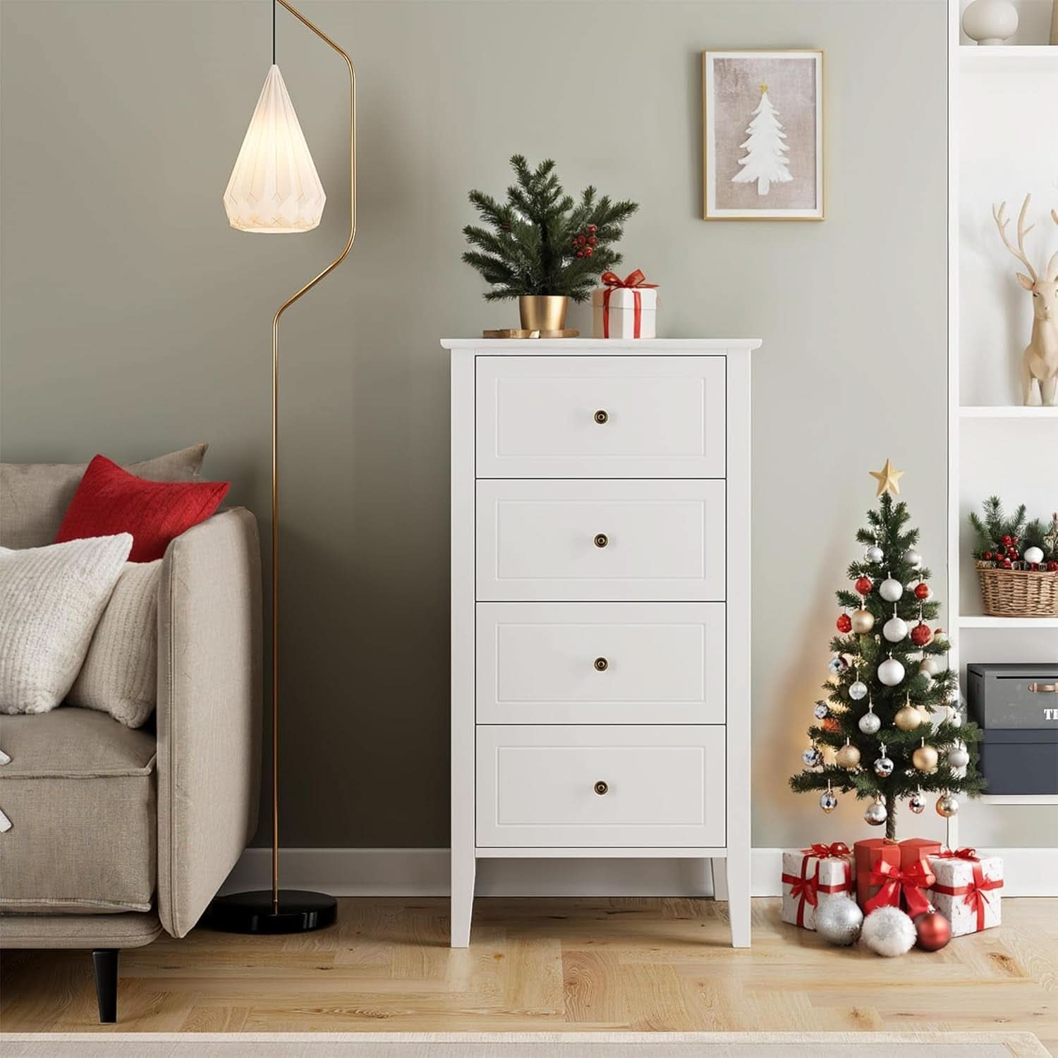 White Antique Four Drawer Dresser With Hardwood Storage