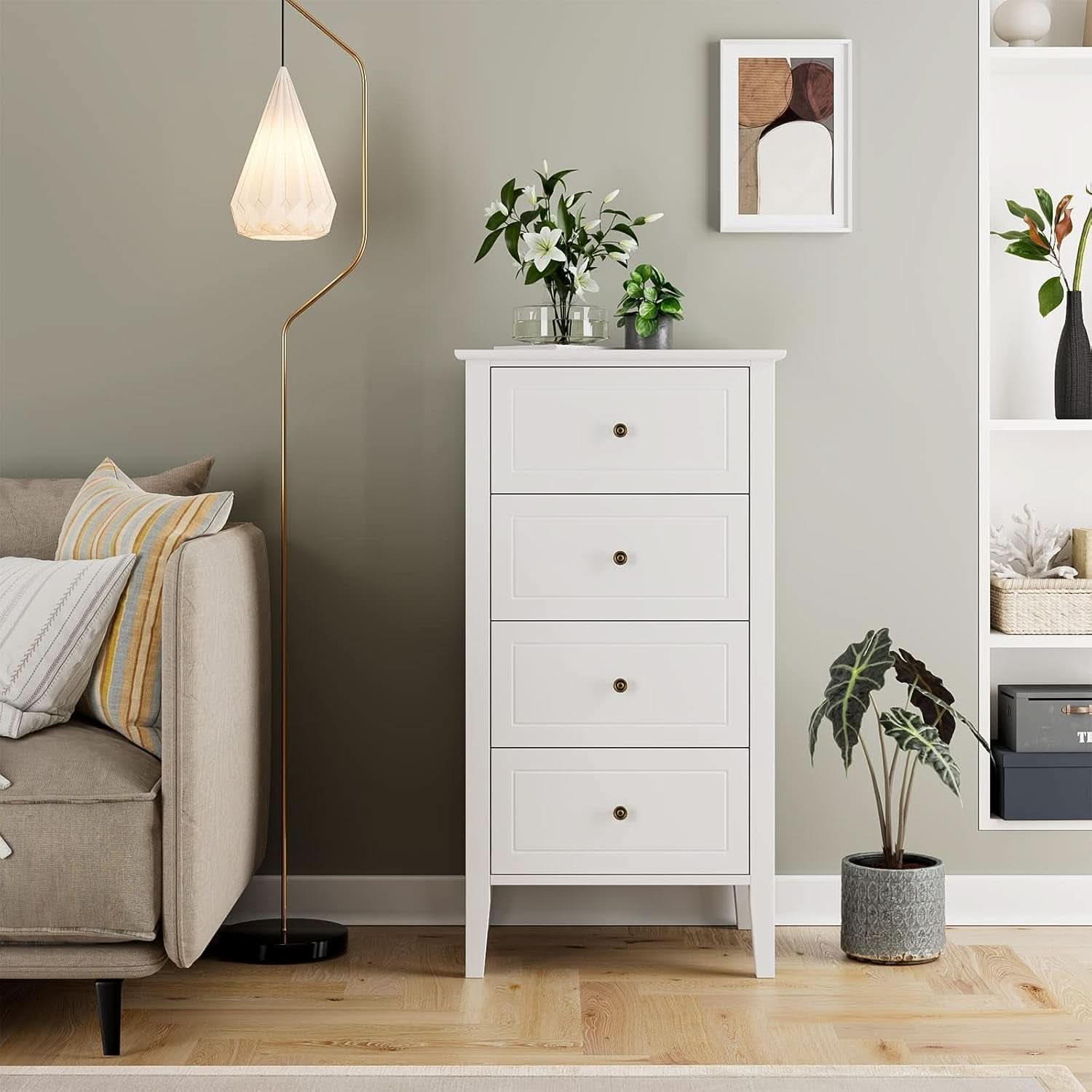 White Antique Four Drawer Dresser With Hardwood Storage