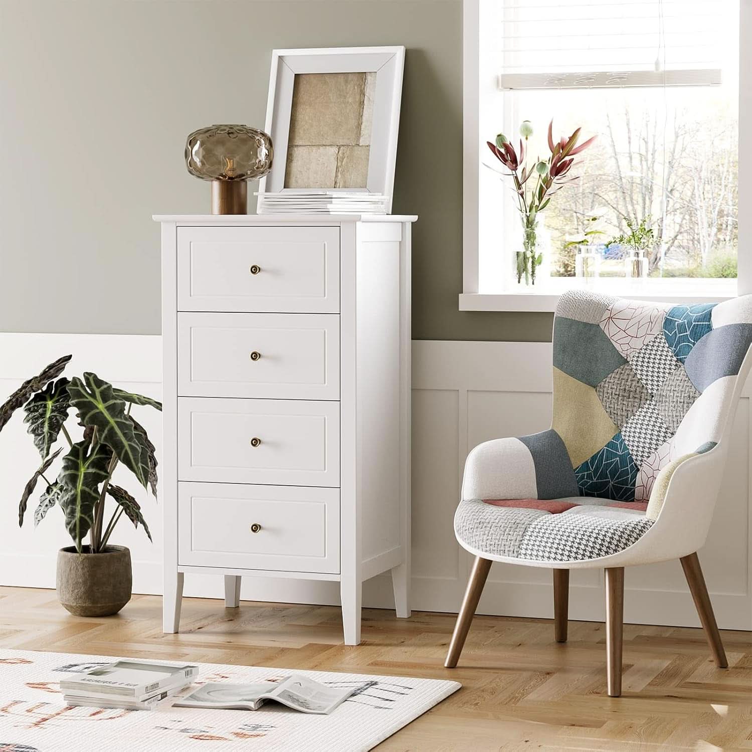 White Antique Four Drawer Dresser With Hardwood Storage